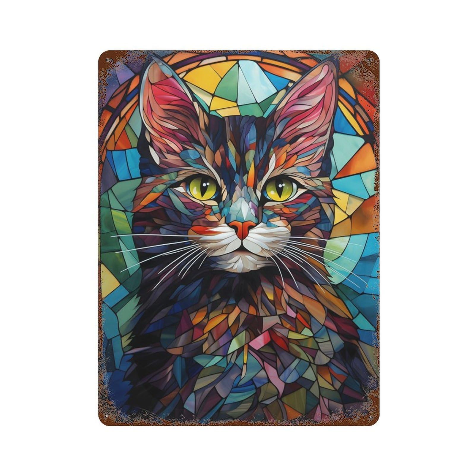 Cat Stained Glass 15.7"x11.8" Vintage Rust Metal Sign, Shabby Chic Decor for Garage, Bar And Workshop Decor