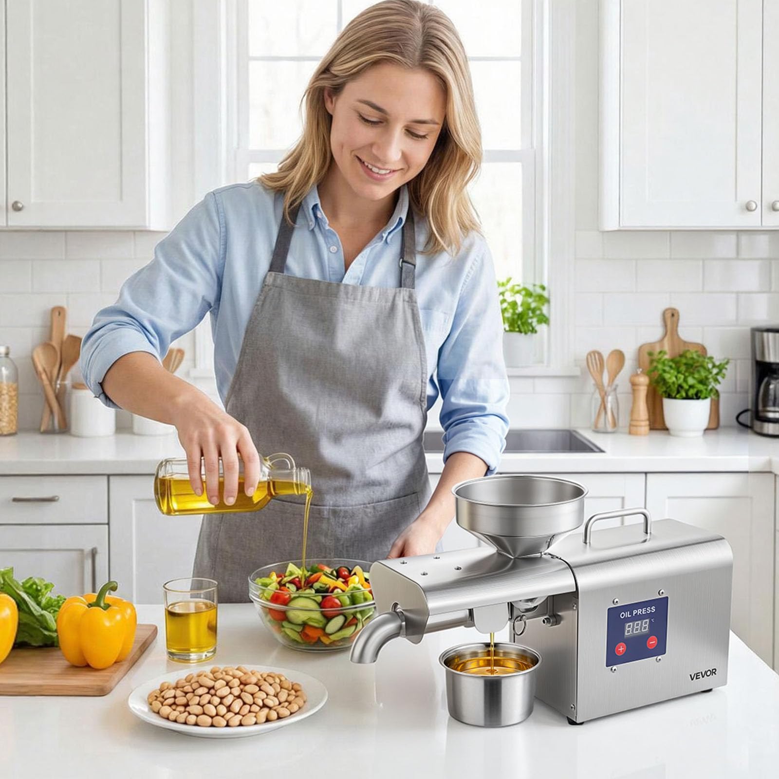 VEVOR Máquina de Prensa de Aceite Eléctrica 750 W, Extractor de Aceite 3,75 kg/h, Prensado en Caliente 50-300 °C, Exprimidor de Acero Inoxidable, Uso Doméstico y Comercial, para Cacahuetes, Soja