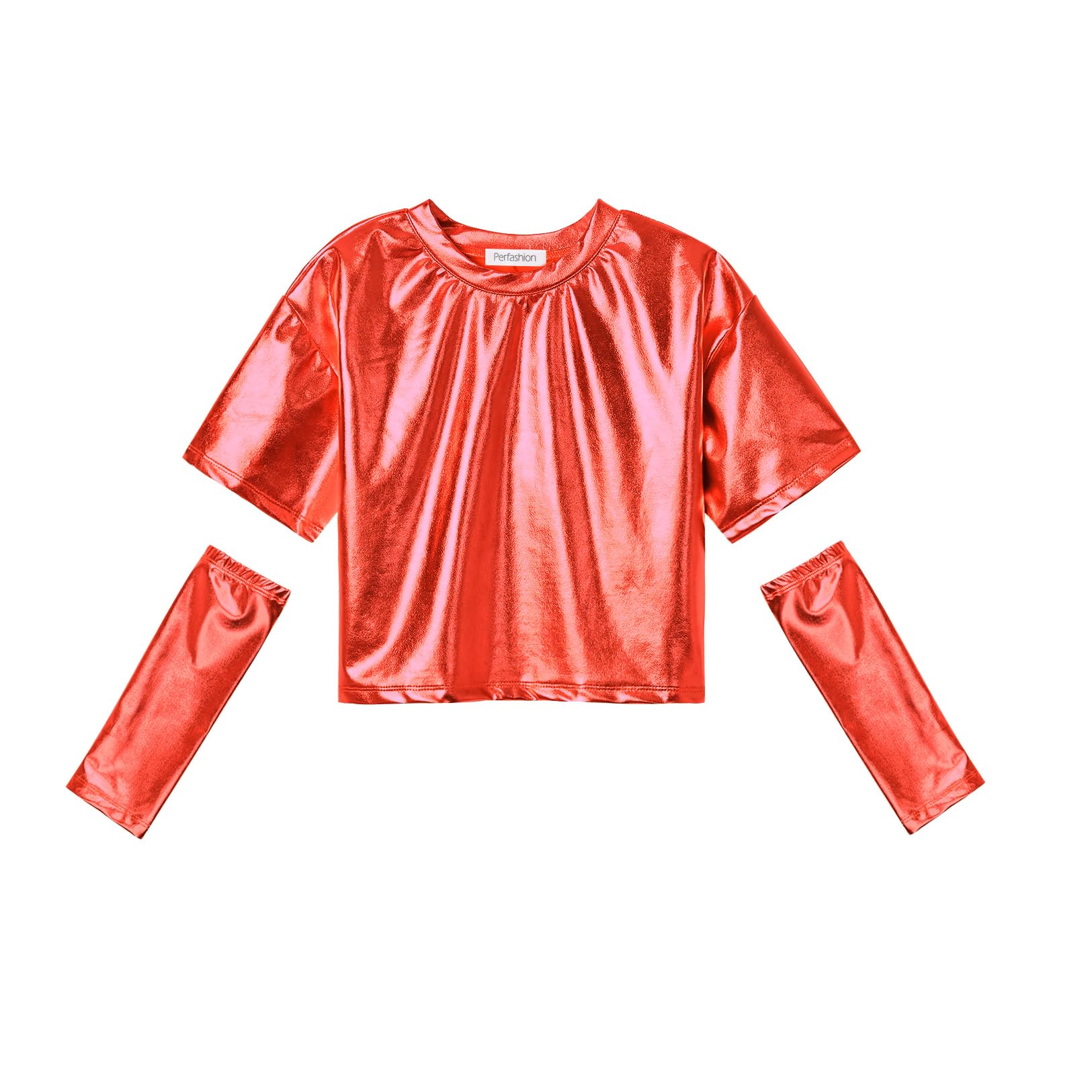 Perfashion Girls Metallic Shirts with Arm Sleeves, Shiny Crop Top for Dancing, Raves, Festivals, Costumes 4-15 Years