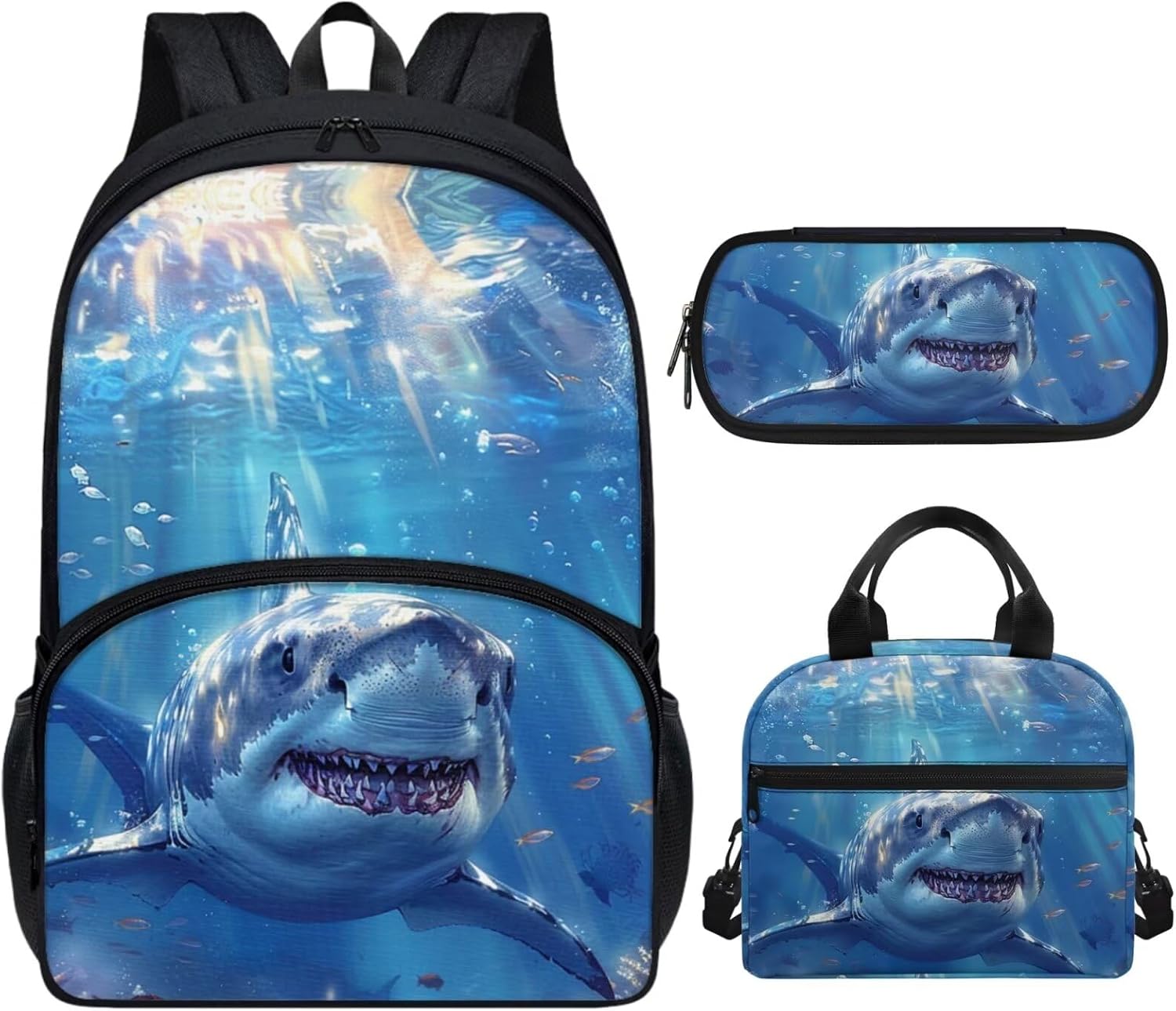 Cool Shark School Backpack With Lunch Box for Boys Kids Bookbag Pencil Case Lunch Bag Set 3 In 1 Elementary Middle School Bags for Teens Ages 8-10/10-12 Travel Daypack Students Stationery