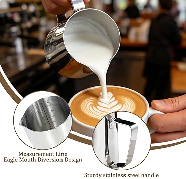 Milk Frothing Pitcher – Milk Jug for Coffee Machine with Clear Markings & Decorating Pen, Stainless Steel,Milk Frother Jug & Steamer Cup for Latte Art, Home or Café(350ml )