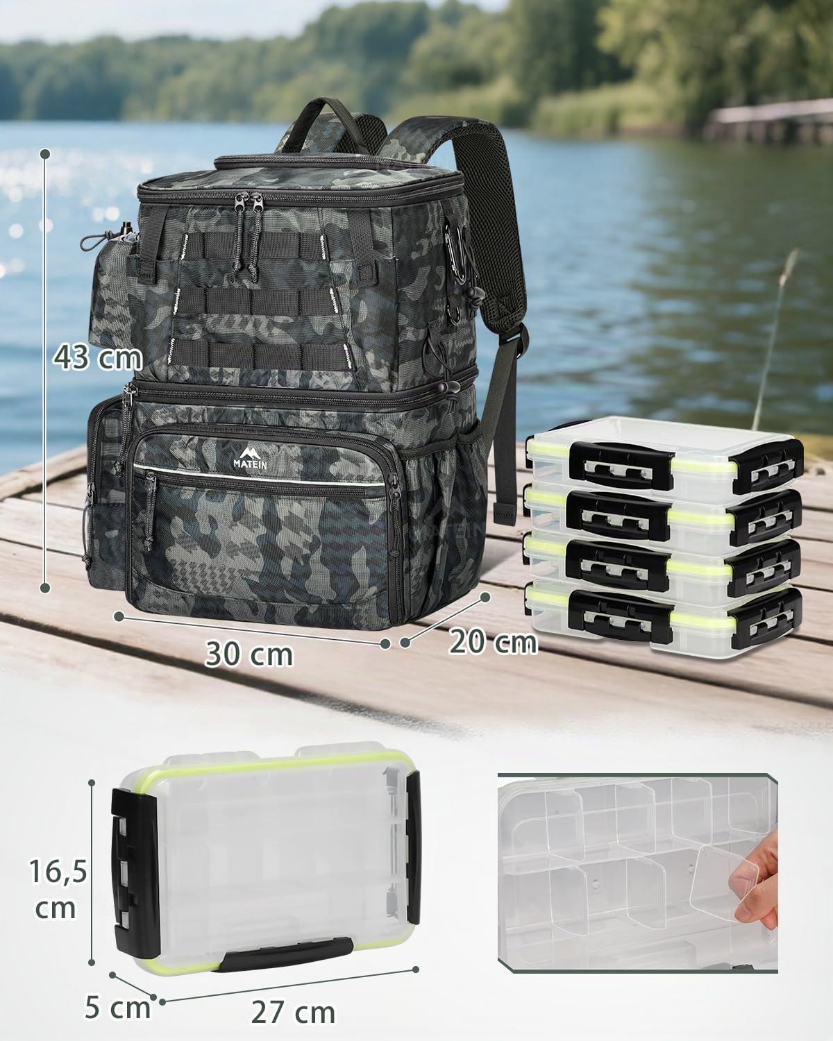 MATEIN Sac de Pêche avec 4 Boite de Rangement & Porte-Canne, Étanche Sac a Dos Peche avec Boussole Sûre & Compartiment Isotherme, Caisse de Peche pour Matériel de Pêche, Cadeau Pecheur, Camouflage