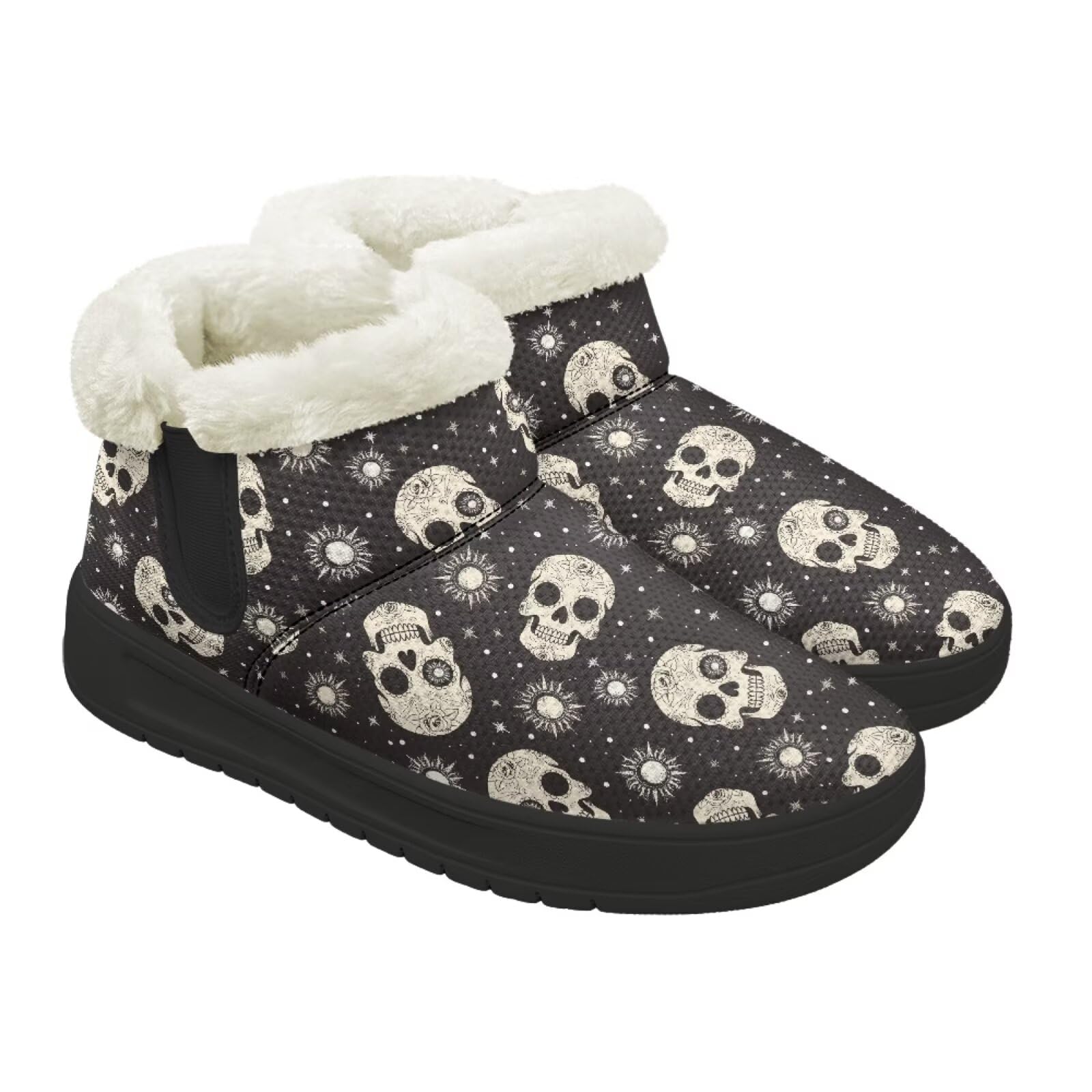 Howilath Gothic Skull Womens Snow Boots Flannel Short Ankle Boots Comfortable Fuzzy Shoes with Black EVA Sole