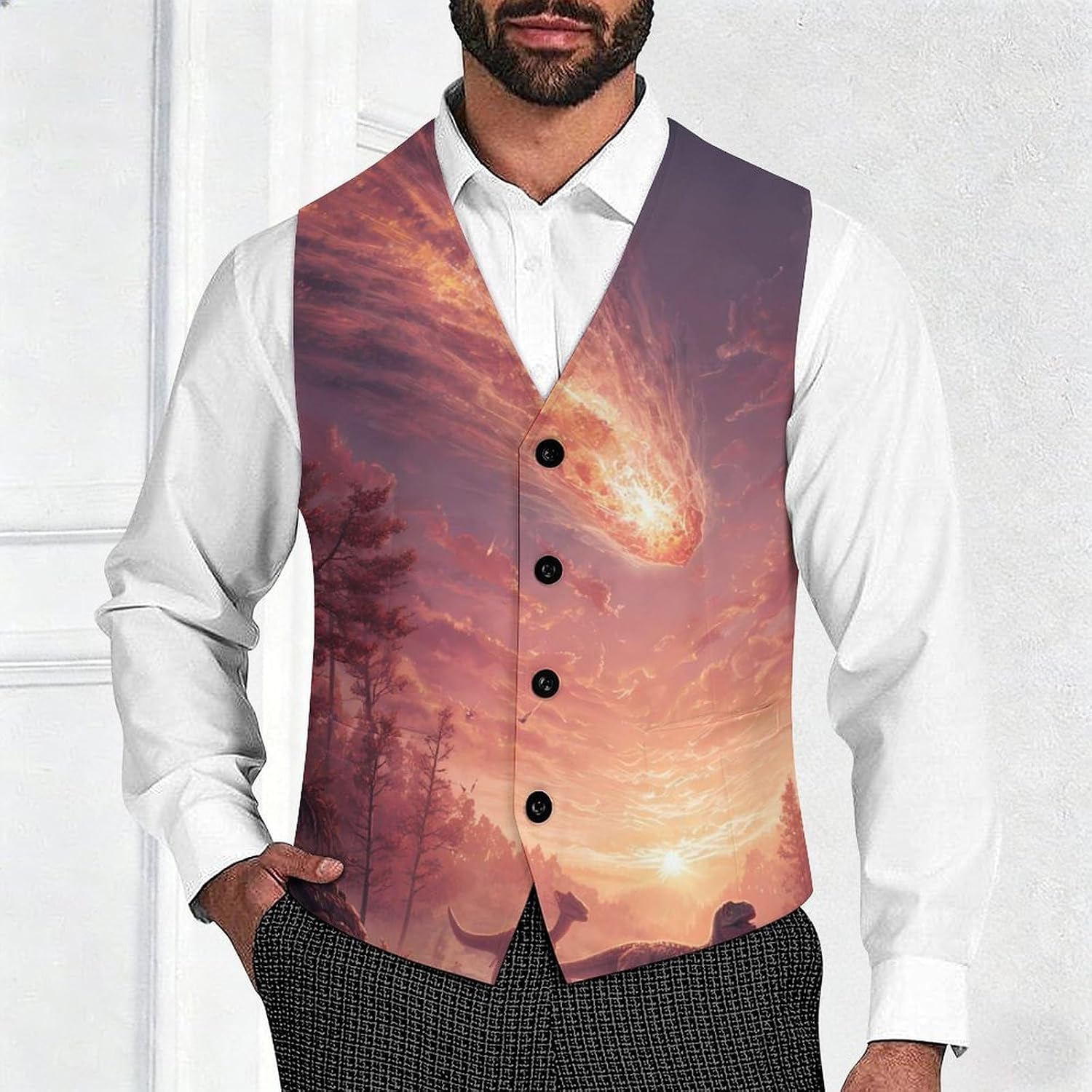 Planetary Impacting Fashion Suit Vest for Men Slim Fit Waistcoat Business Casual Dress Tuxedo