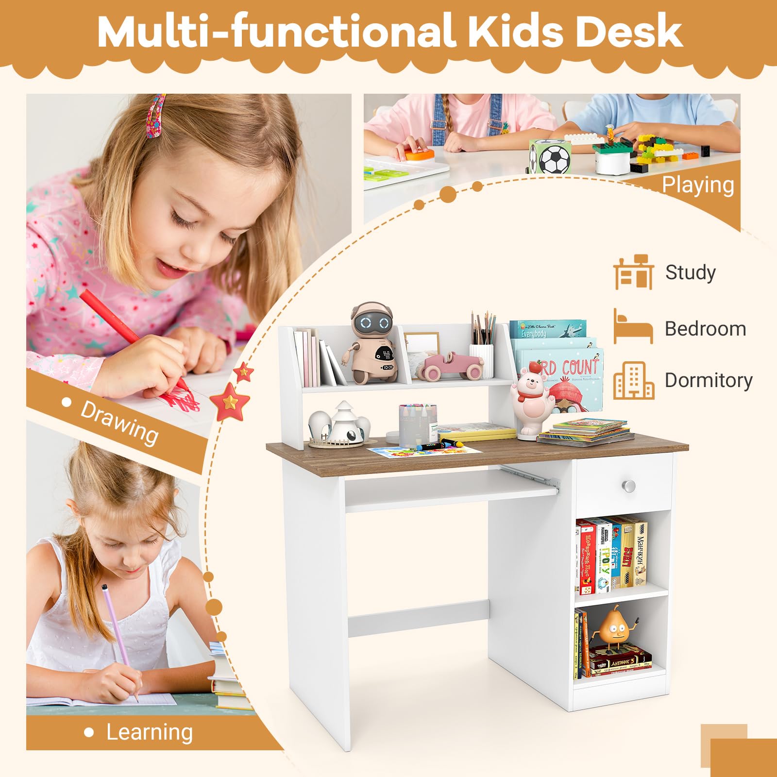 Bureau Enfant 90x45x90CM Bois avec Bibliothèque Tiroir 2 Etagères Plateau Clavier Anti-Bascule Charge 100KG Naturel