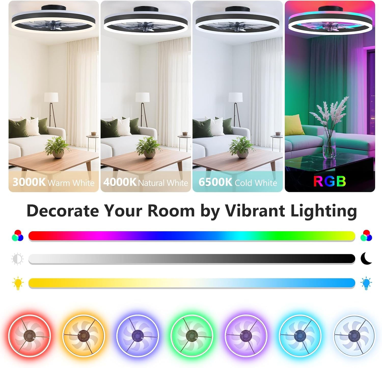 Moderne RGB Deckenventilator mit Beleuchtung φ50cm RGB LED Fan Licht mit Fernbedienung Timer 6 Geschwindigkeiten Stufenloses Dimmen Deckenventilator mit Lampe