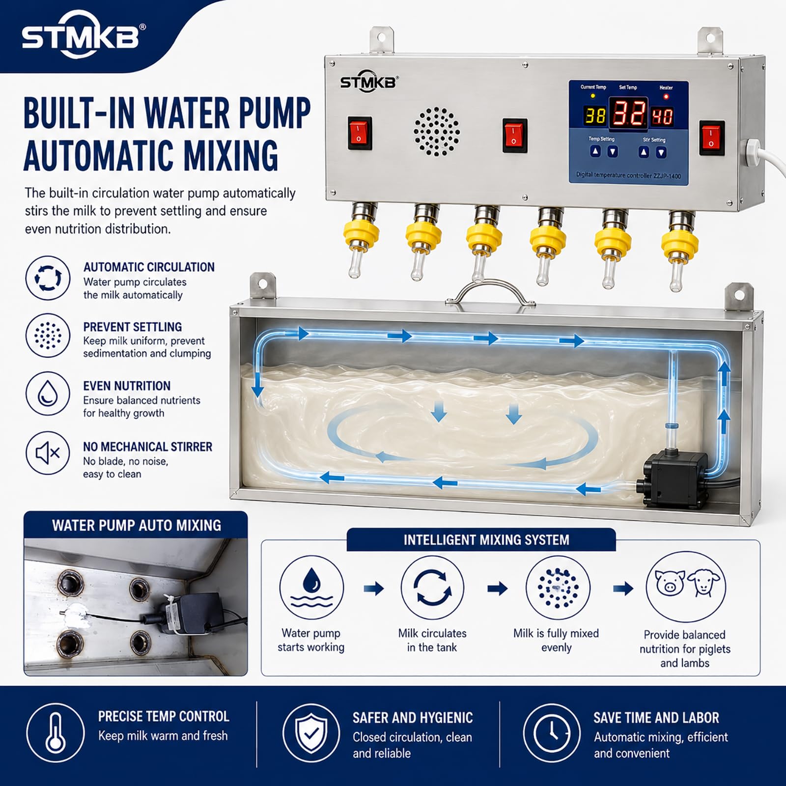 Distributore Automatico di Latte per Animali con Controllo della Temperatura, Alimentatore A Parete in Acciaio Inox A 6 Tettarelle con Pompa di Circolazione, Distributore di Latte E Acqua per