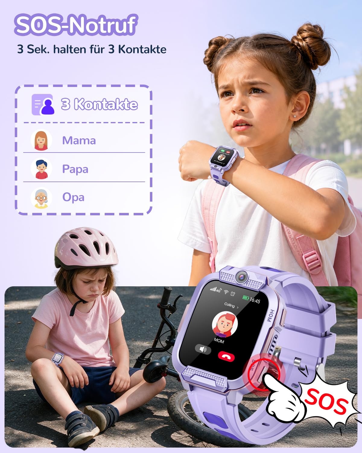 Neue Smartwatch Kinder Videoanruf/GPS/SOS/Schulmodus, Geschenke (Lila)