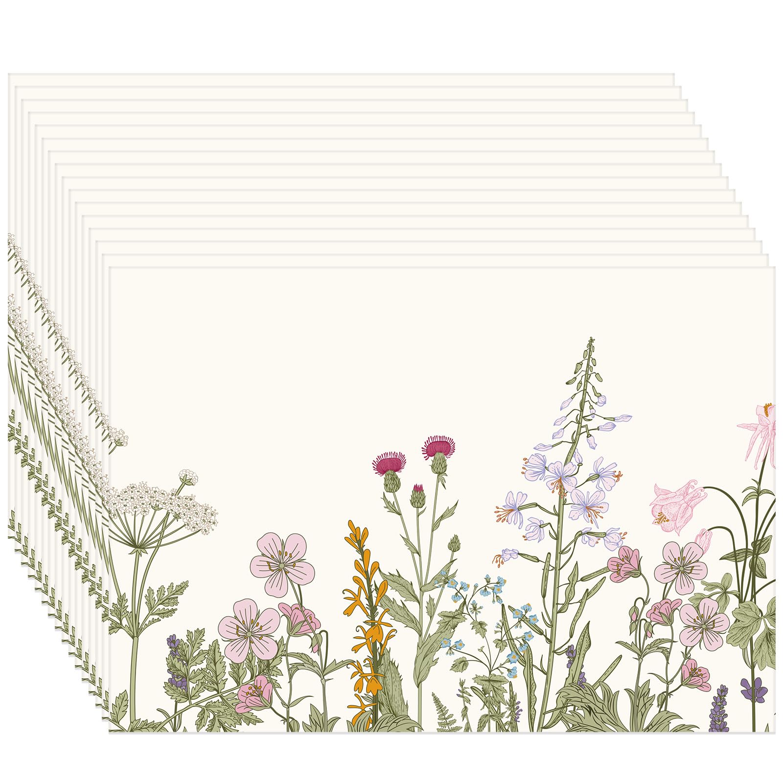 100 Pack Wildflowers Paper Placemats for Dining Table Setting, Vintage Floral Disposable Placement Mats Spring Retro Decorative Table Mats for Wedding Party Supplies, 10 x 14 Inch