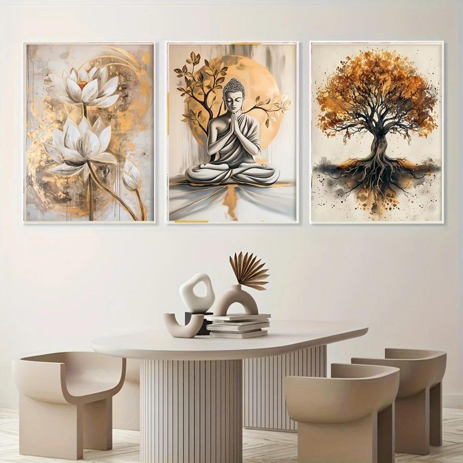 Baibexing Abstract Lotus Flower Buddha Featuring The Tree Of Life Poster Prints Canvas Painting Wall Art Picture For Living Room Home Decor 50X70Cmx3Pcs Unframed