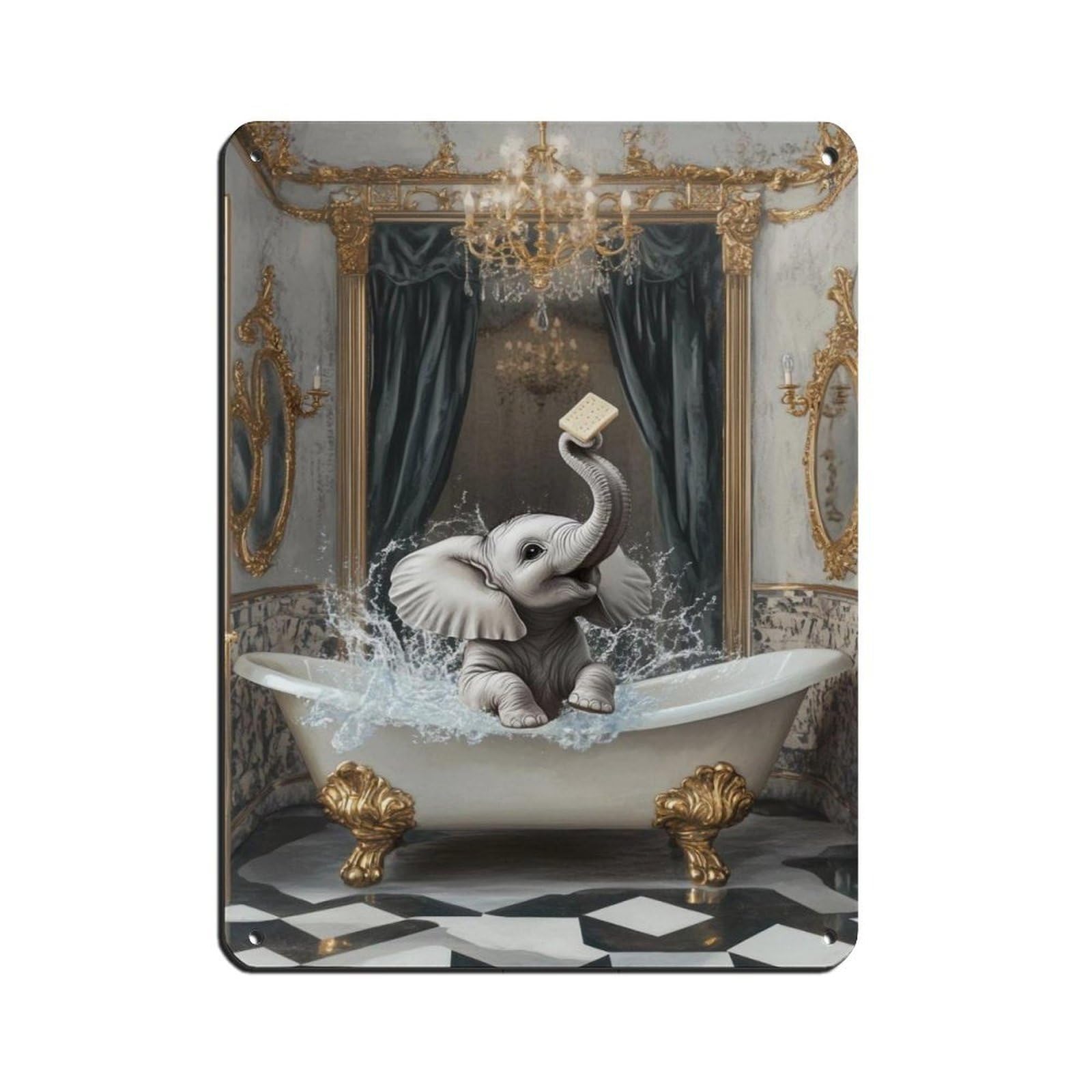 Cute Elephant Splashing in Bathtub Retro Poster Metal Tin Sign Chic Art Retro Iron Painting Bar People Cave Cafe Family Garage Poster Wall Decoration 12x16inch(30x40cm)
