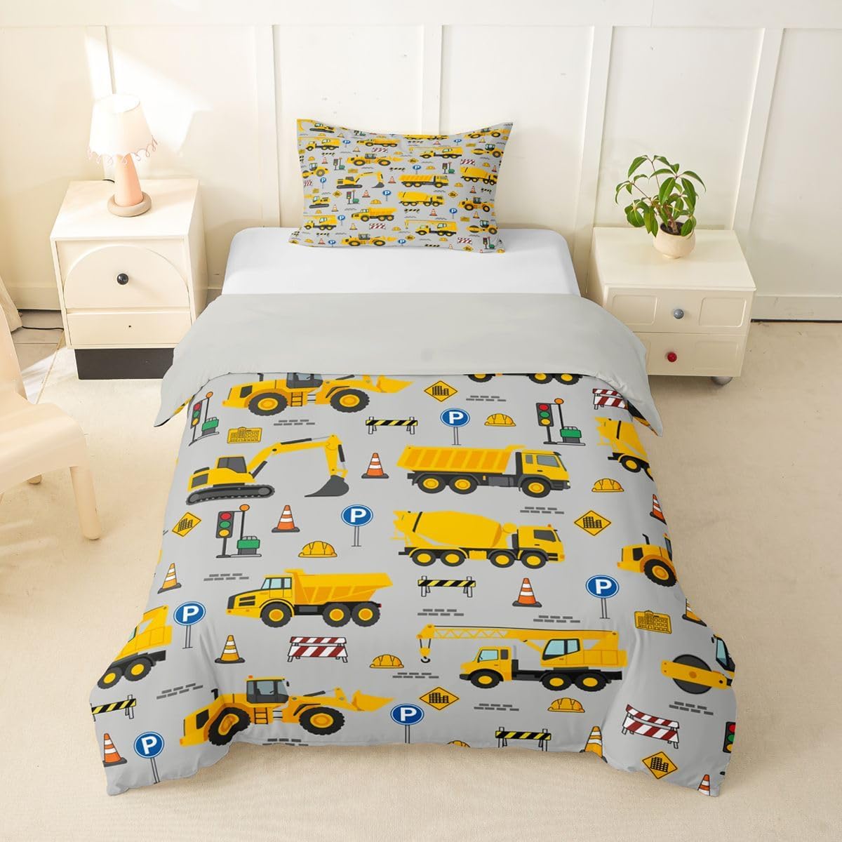 jejeloiu Trucks Excavator Duvet Cover Toddler Size Cartoon Construction Car Bedding Set for Boys Girls Yellow Tractors Print Comforter Cover Cute Cars Bedroom Decor 2Pcs