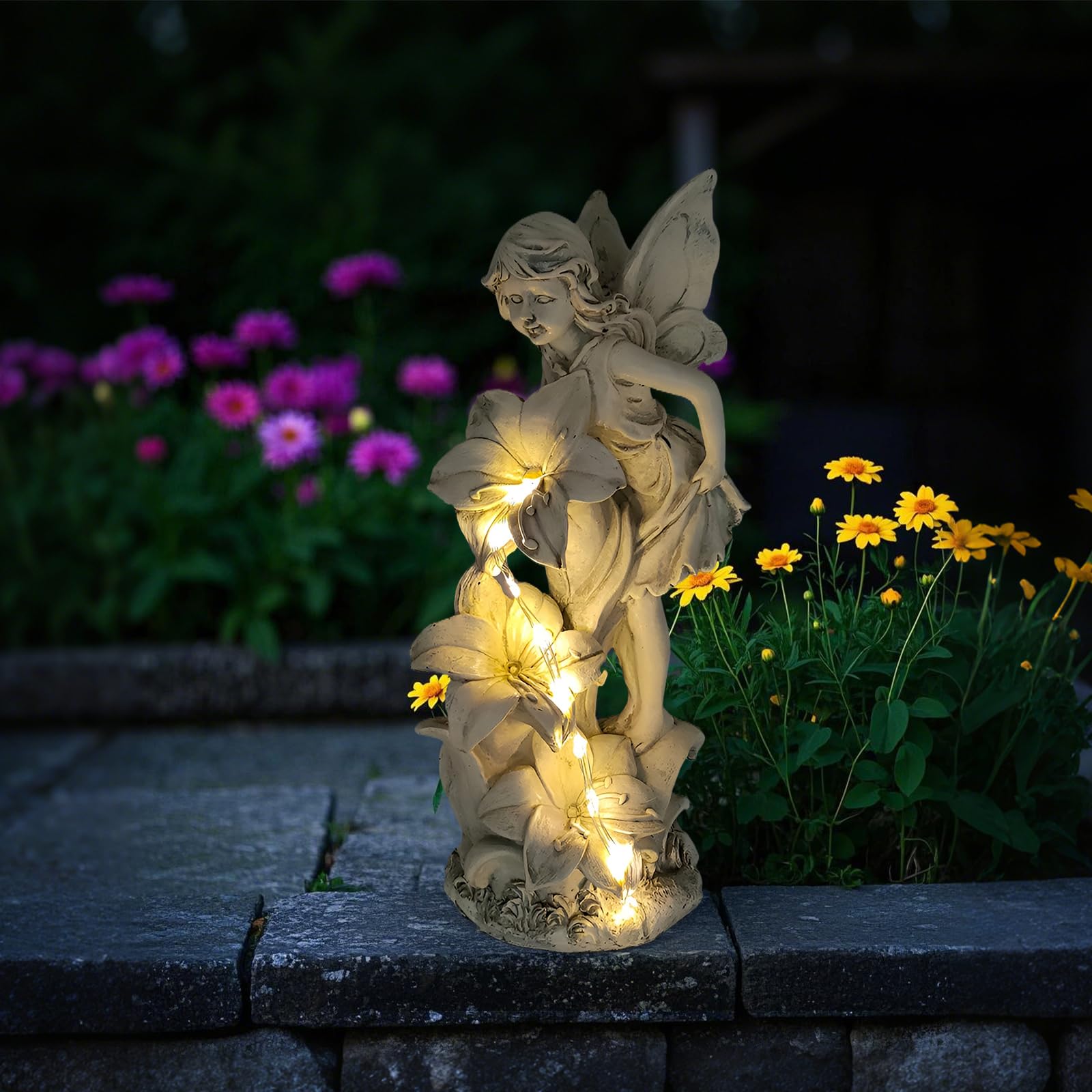 Gartendeko Fee Deko,36 LED Wasserdichte Dschinn Solar Licht,Harz Elfen Gartenstatue,Draußen Wetterfest Gartenfiguren Blumenfee Solar Figur,Fee Engel Skulptur für Rasen,Hof,Terrasse,Fensterbank