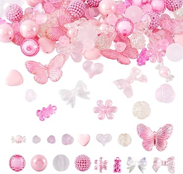Beadthoven Pink Acrylic Assorted Beads Set with 20mm Bubblegum Beads Bow Butterfly Flower Heart Candy Beads Pastel Cute Plastic Bead Spacers for DIY Bracelet Necklace Jewelry Making 70PCS