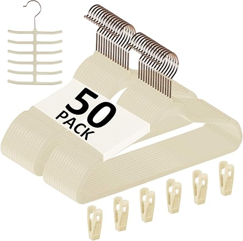 VECELO Perchas de terciopelo de alta calidad resistentes (paquete de 50)  Perchas de ropa antideslizantes y que ahorran espacio con 6 clips para los