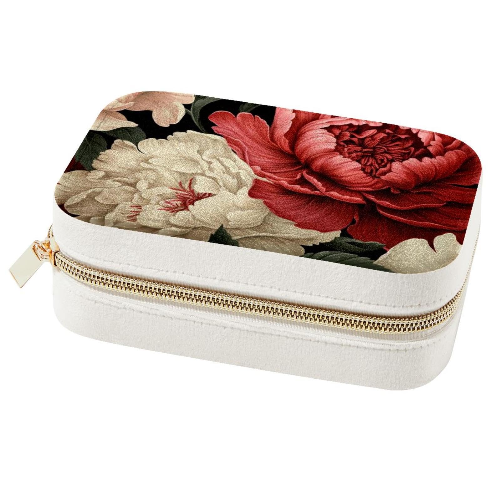 Boîte à bijoux portable pivoine rouge - Organiseur de voyage bagues et colliers pour femme
