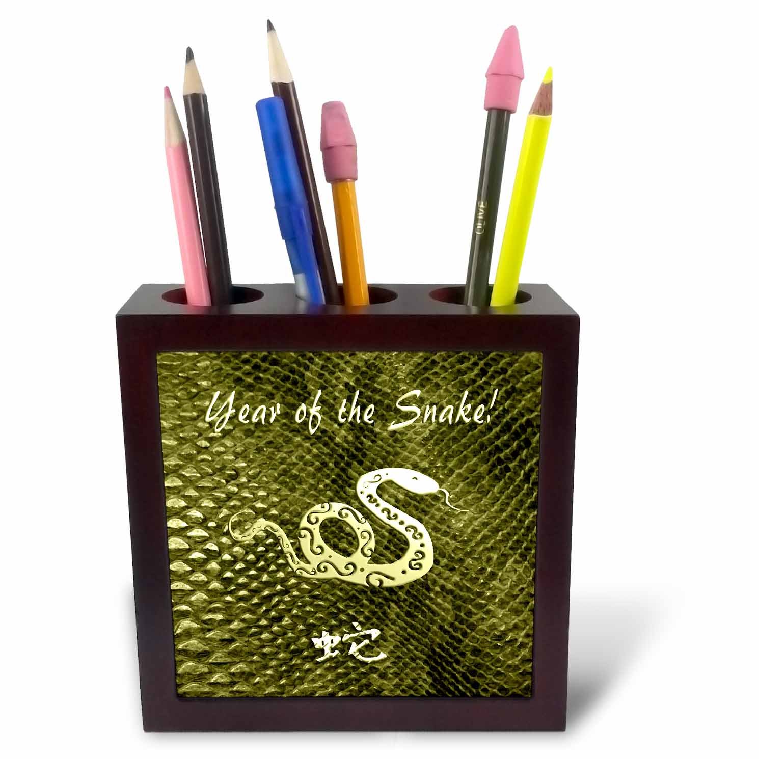 3dRose ph_58476_1 Year of The Snake, Yellow Tile Pen Holder, 5-Inch