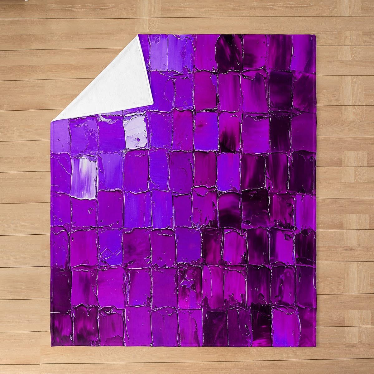 Geometric Square Flannel Blanket Queen 90"x90",Watercolor Purple Pigment Grids Flannel Sherpa Blanket for Boys Girls Women,Modern Abstratc Art Simple Geometric Fuzzy Blanket Room Decor