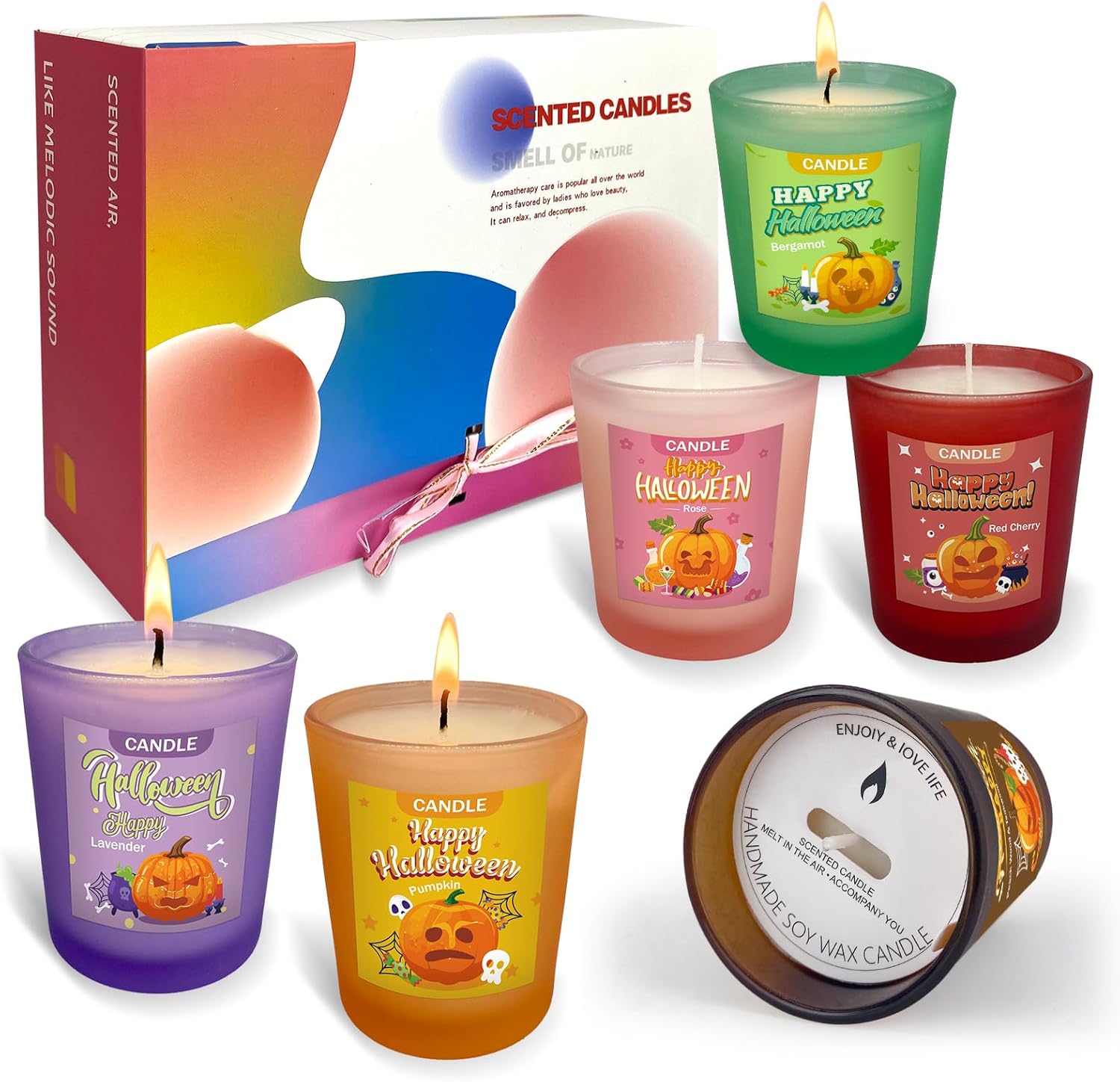 Halloween Scented Candles Gift Set of 6 Pack, Glass Jar Candles for 6 Scented, Long Lasting Soy Wax Aromatherapy Candle Set, Best Gifts with Gift Box for Every One
