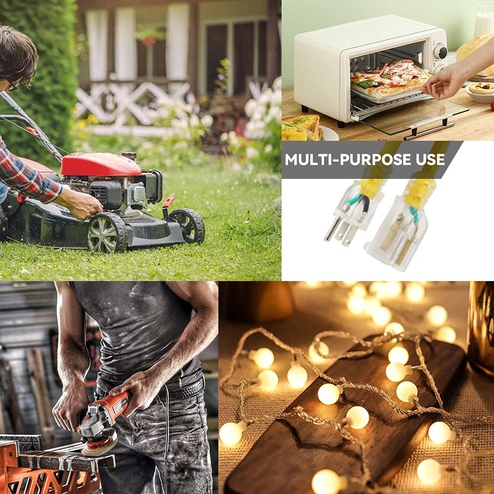 EP 50 Ft Lighted Outdoor Extension Cord - 12/3 SJTW Heavy Duty Yellow Extension Cable with 3 Prong Grounded Plug - Power Cord for Lawn, Garden, Appliances