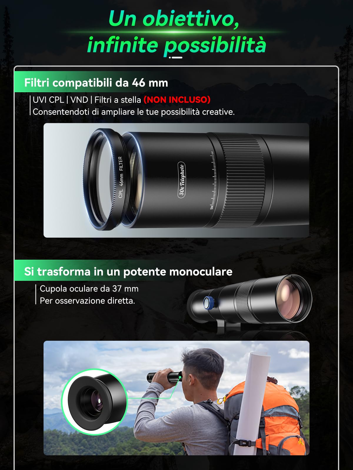 APEXEL 30X Super Telephoto Lens, Lunghezza Focale di 720mm, Cattura Professionale e Artistica per Fauna Selvatica, Sport, Concerti