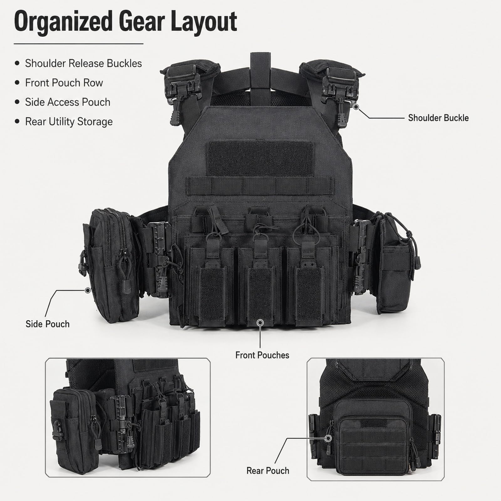 Genérico Arnes de Carga Modular Kit, Chaleco de Pecho Airsoft Ajustable | Incluye Base Bolsa Triple Panel Navegacion Bolsa Smartphone Bolsa Radio y Bolsa Trasera de Carga Utilidades