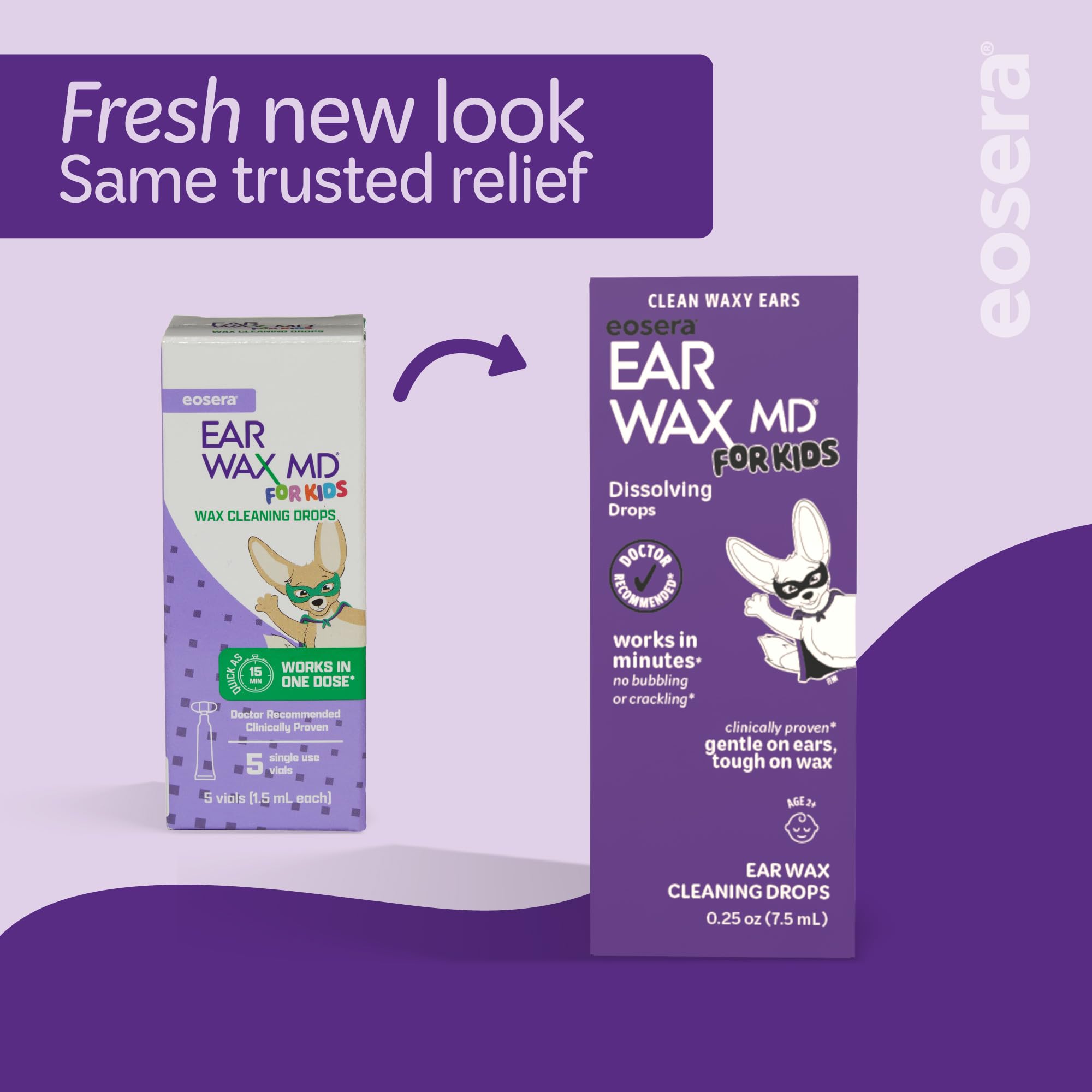eosera® Ear Wax MD® para niños, gotas de limpieza de cera, 5 frascos de un solo uso, acción rápida, descompone y disuelve la cera en solo 1 tratamiento, clínicamente probado, suave y seguro