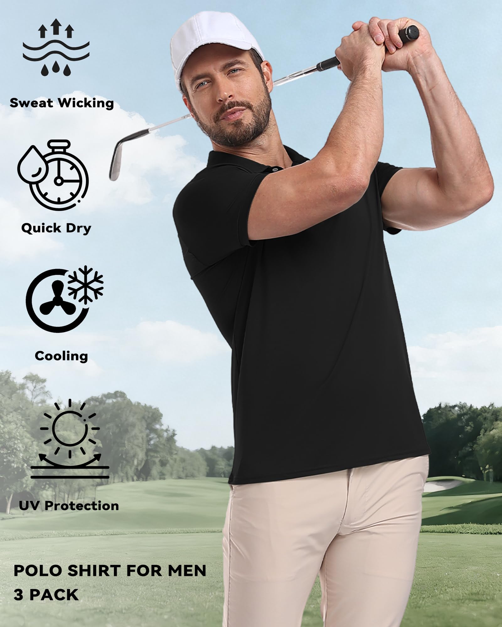 KUYIGO 3 Pack Mens Polo Shirts Short Sleeve Moisture Wicking Quick Dry Performance Summer Casual Athletic Golf Shirt - 5