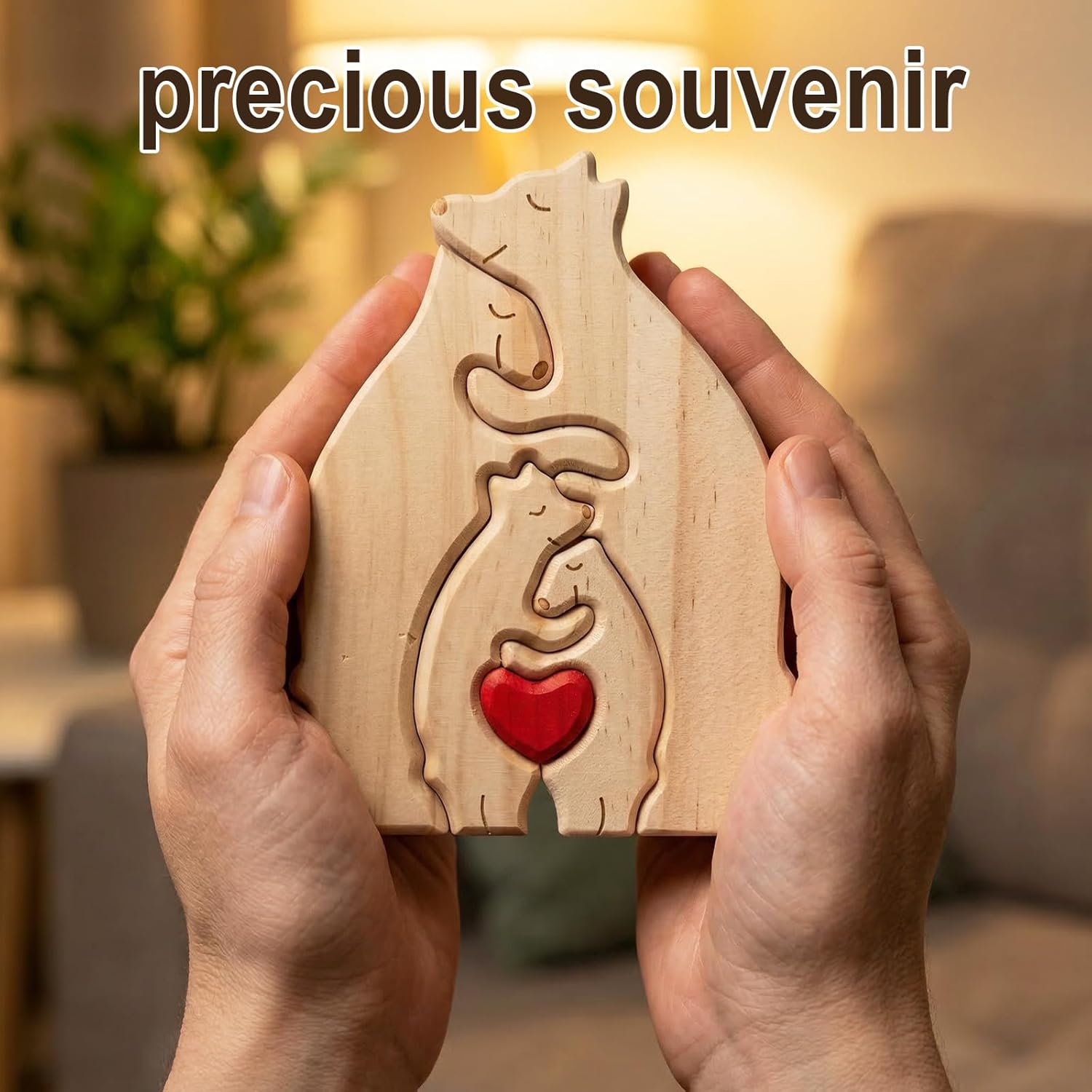 Personalized Wooden Bears Family Puzzle with Heart Decorations, Blank Bear Sculptures with Base for Home Decor, Housewarming Birthday Gift for Parents (4 Bears)