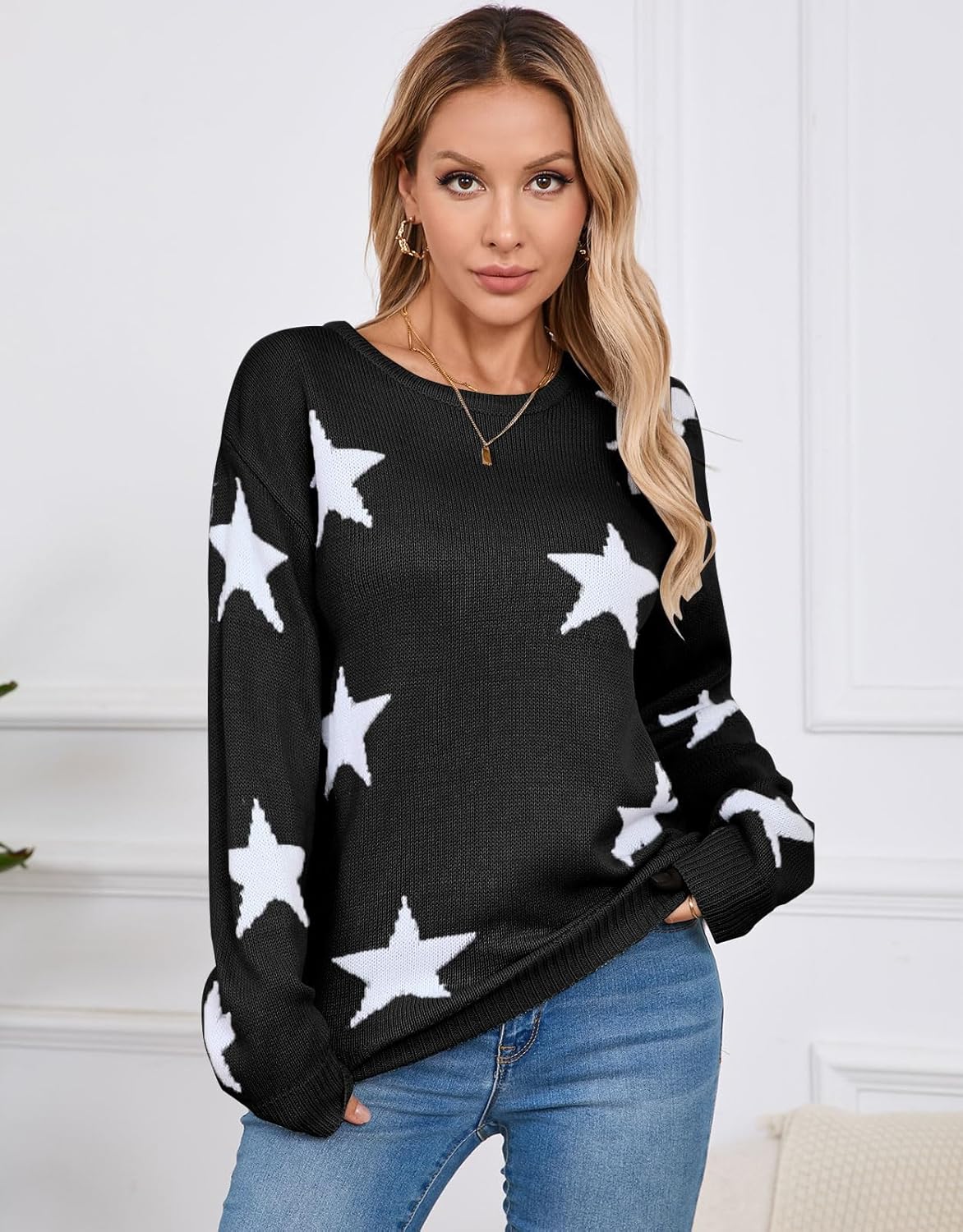 shermie Womens Star Graphic Sweaters Long Sleeve Crew Neck Casual Cable Knit Pullover Sweater - Image 2