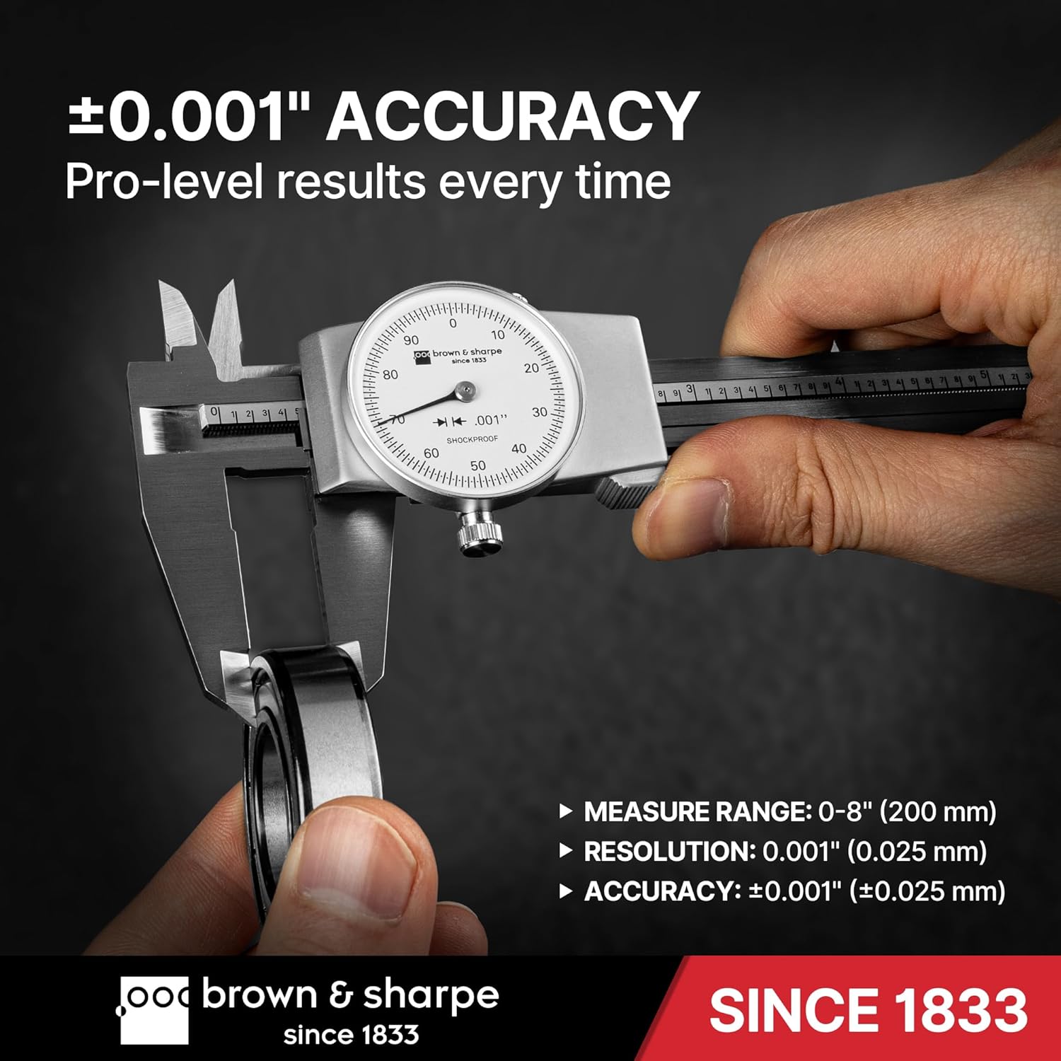 Brown & Sharpe 8-Inch Dial Caliper – Precision Stainless Steel Measuring Tool, White Dial, 0.001" Resolution, Hardened Construction, Shockproof Movement.