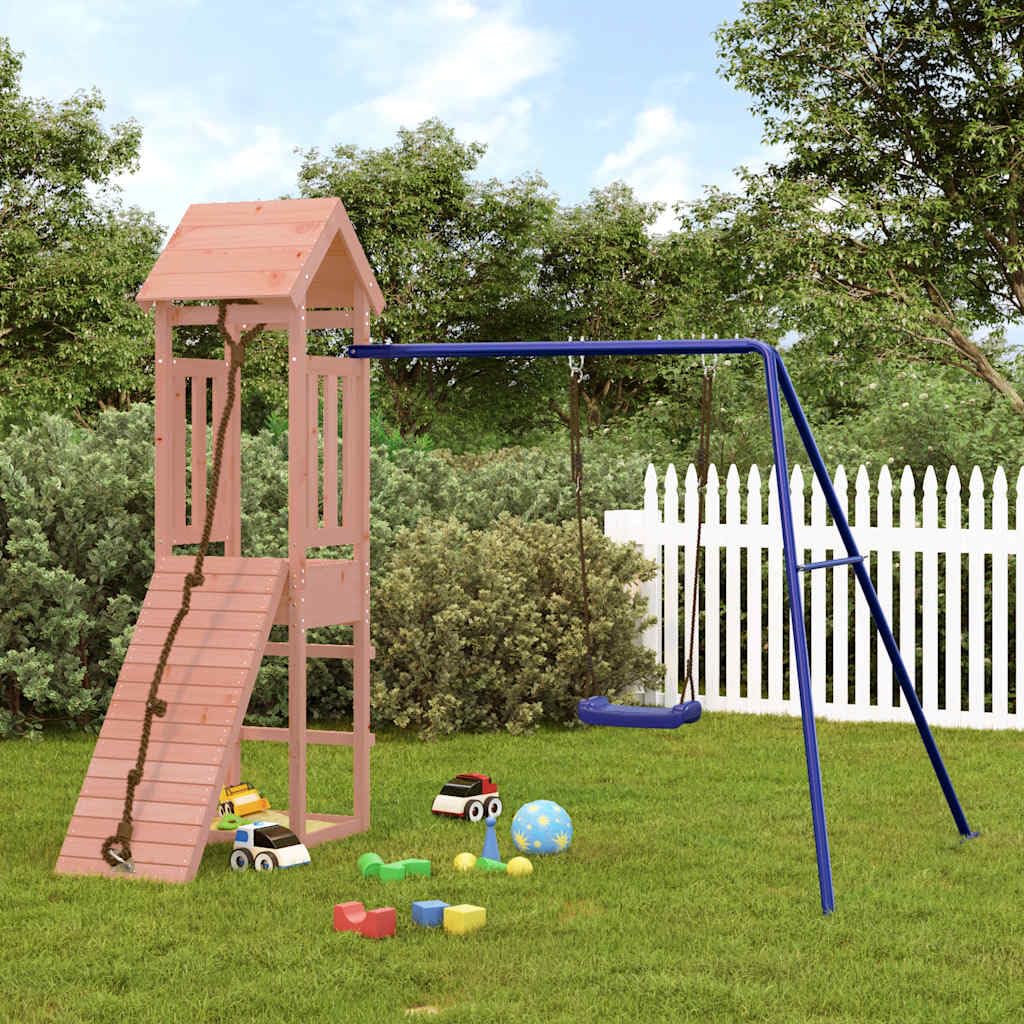 Torre da gioco in legno massiccio Douglasie con altalena, torre da arrampicata e parete da arrampicata, per bambini all'aperto, con piattaforma, corda, scala e seduta per un divertimento