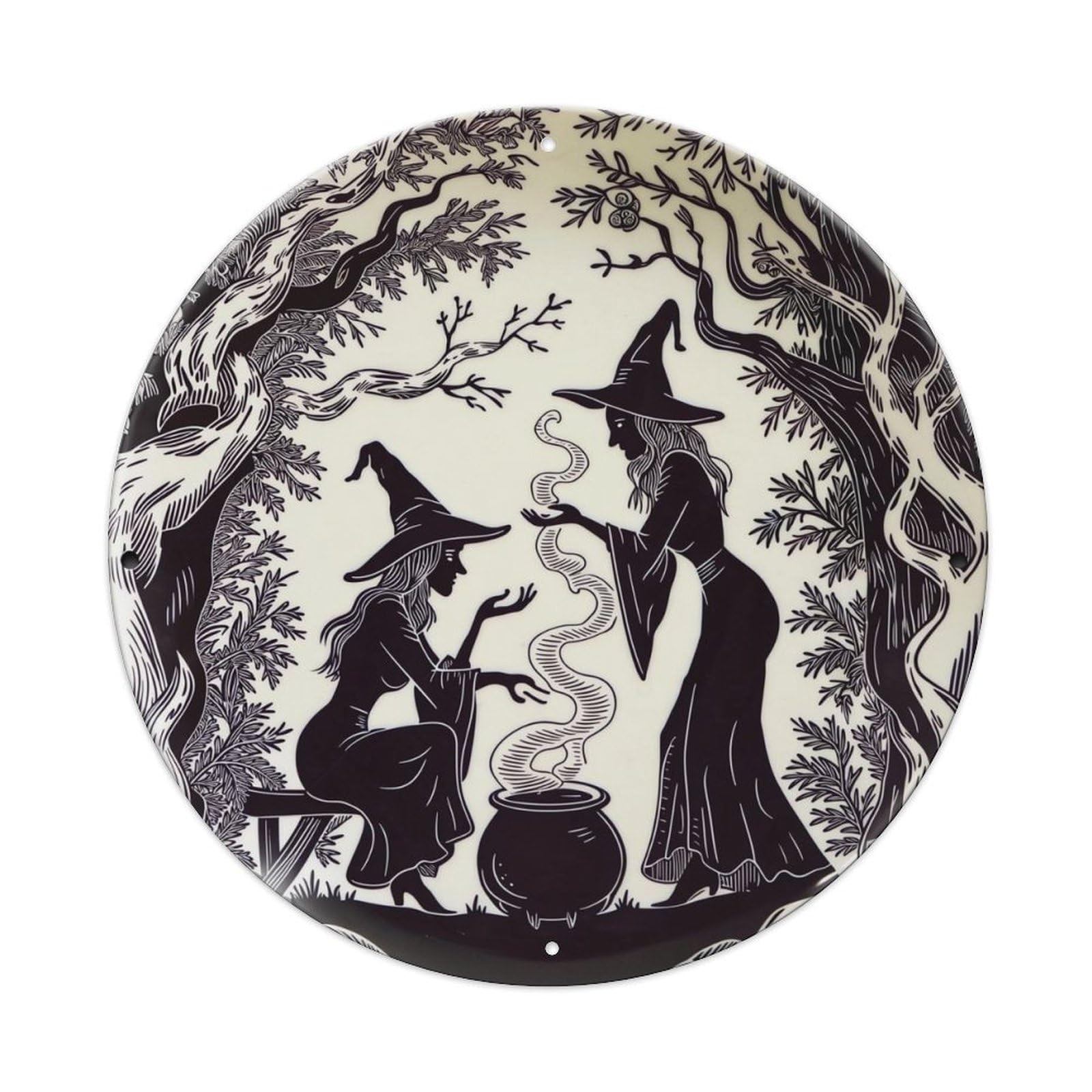 Witch Cauldron Forest Magic Silhouette Vintage Round Tin Sign Retro Metal Wall Decor Metal Poster, Home Bar Garage Farmhouse Cafe Wall Art Decoration 8x8Inch