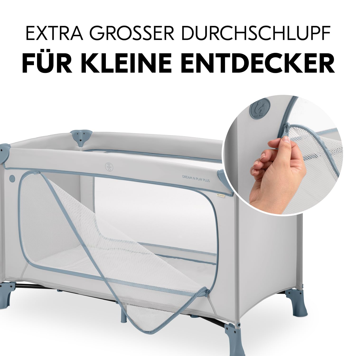 hauck Reisebett Baby mit XL Spielöffnung, Dream N Play Plus Dusty Blue | Klein zusammenklappbar mit Tragetasche ab Geburt bis 15 kg / 3 Jahre, 2in1 Kinderreisebett & Laufstall (ohne Matratze)