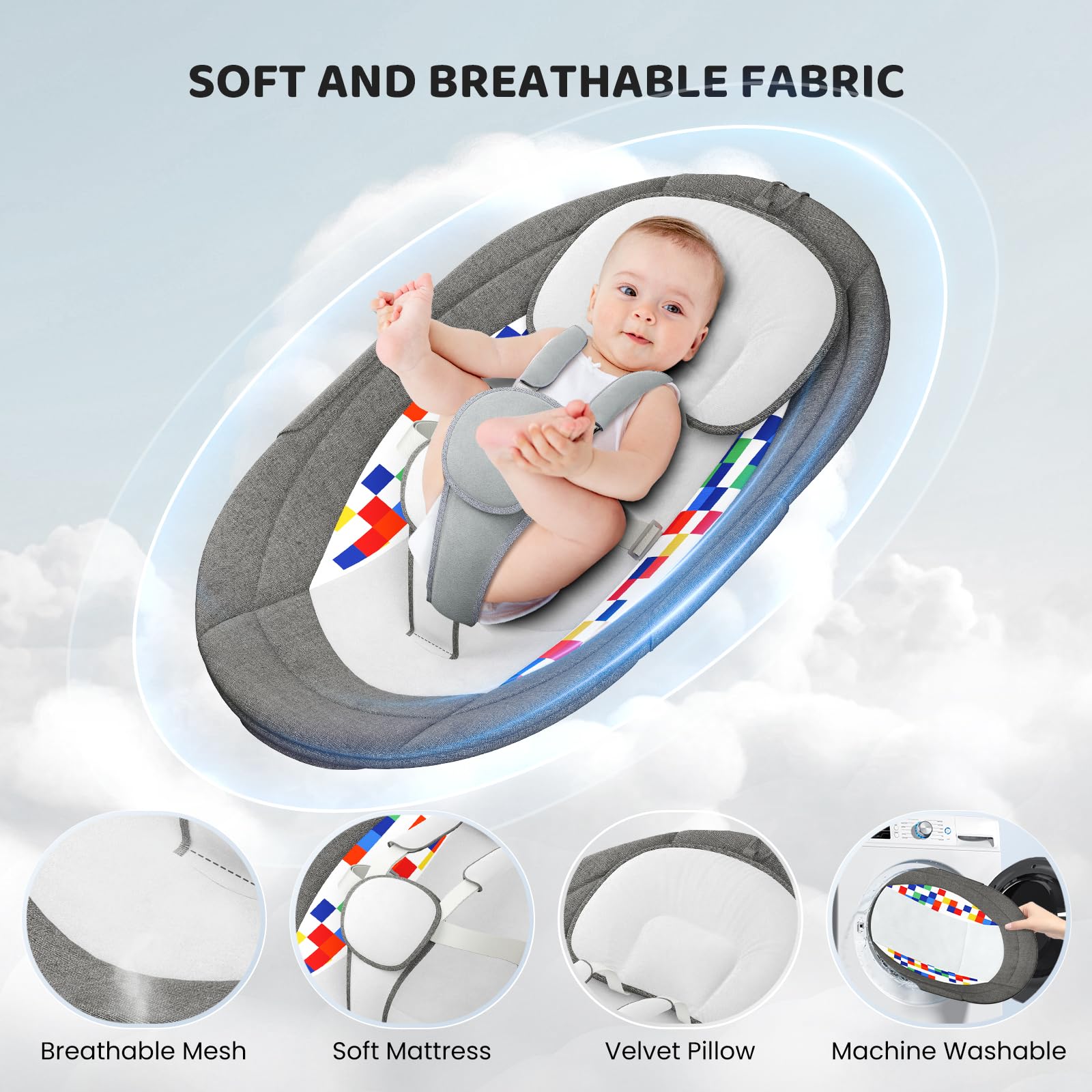 Hamaca para Bebé, Bluetooth Habilitado Eléctrica Silla Mecedora para 0-9 kg de Bebé Funcionamiento con App y Mando a Distancia Balancin para Bebes Arco Regulable, con Melodias
