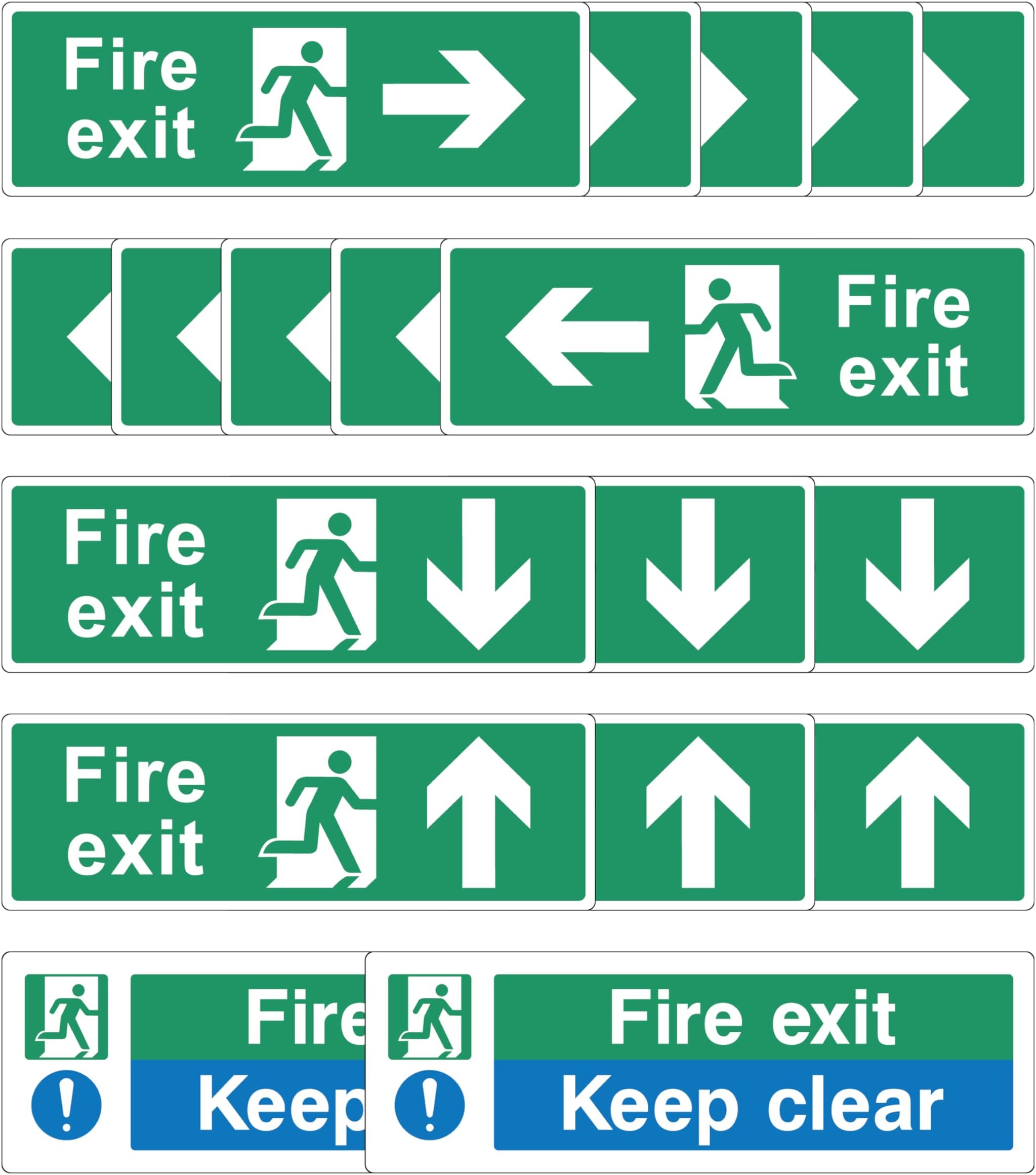 Fire Exit Sign Bundle [Pack of 18] - Arrow, Keep Clear, Emergency, and Escape Signs - Compliant, Easy Peel Installation (Self Adhesive)