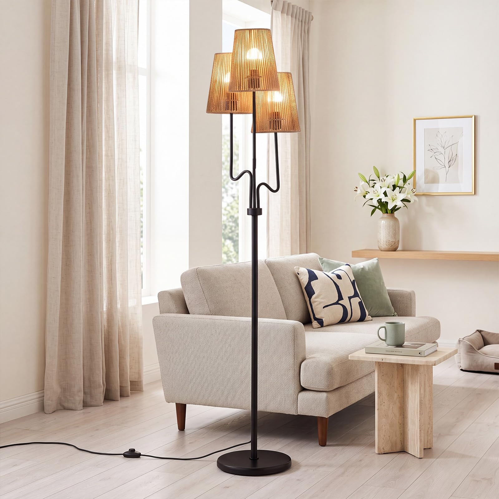 RELAX4LIFE Lampadaire sur Pied à 3 Lampes 175 CM avec Abat-Jours Tressés