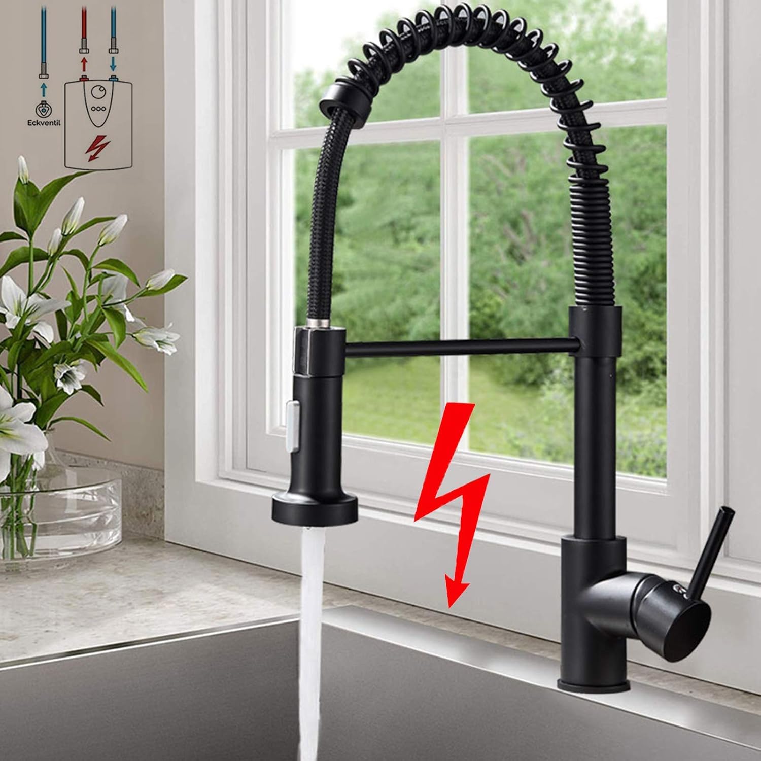 Niederdruck Armatur Küche Schwarz Wasserhahn Küche, 3 Wege Wasserhahn mit Ausziehbar Brause, 360° Drehbar mit 2 Sprühfunktionen, Mischbatterie Küche Edelstahl
