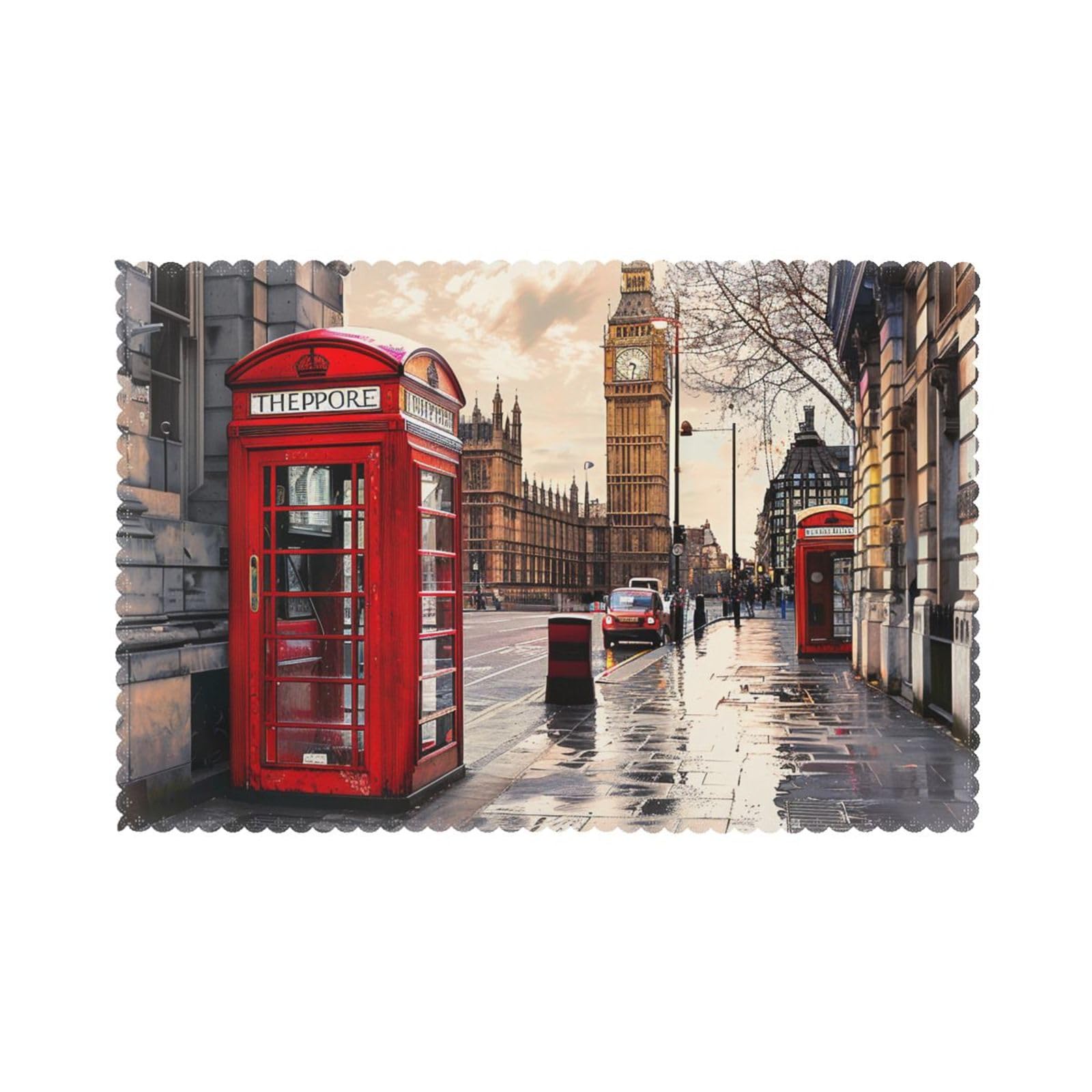 Aqrjlpo Red Phone Booth London Street Washable Placemats Set Of 6, Prints Heat Resistant Non-Slip Table Place Mats For Morden Decor Dining Wedding,45X30 Cm