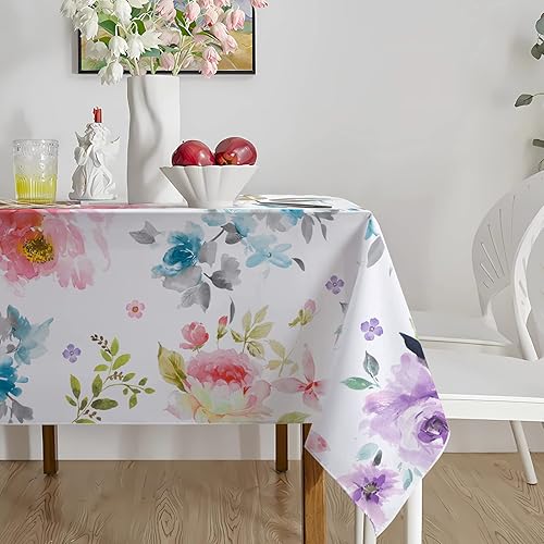 Mantel rectangular de primavera impermeable con borde botánico de flores de acuarela, resistente a las manchas y a las arrugas, mantel de primavera