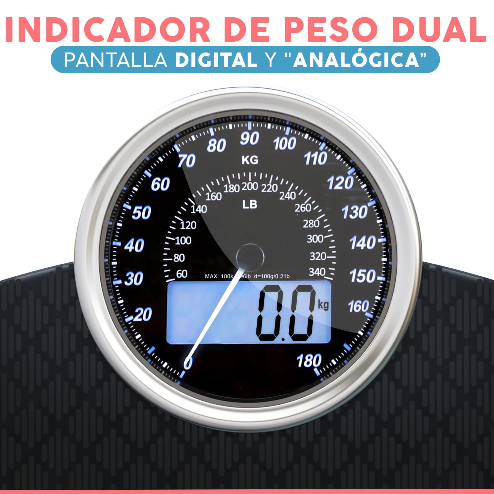 Hybrid Báscula de Baño - Analógica & Digital, Precisa hasta 180 kg | Vea su peso en el cuadrante analógico y LCD a la vez. Plataforma ancha, 3 pilas AAA incluidas, lista para usar.