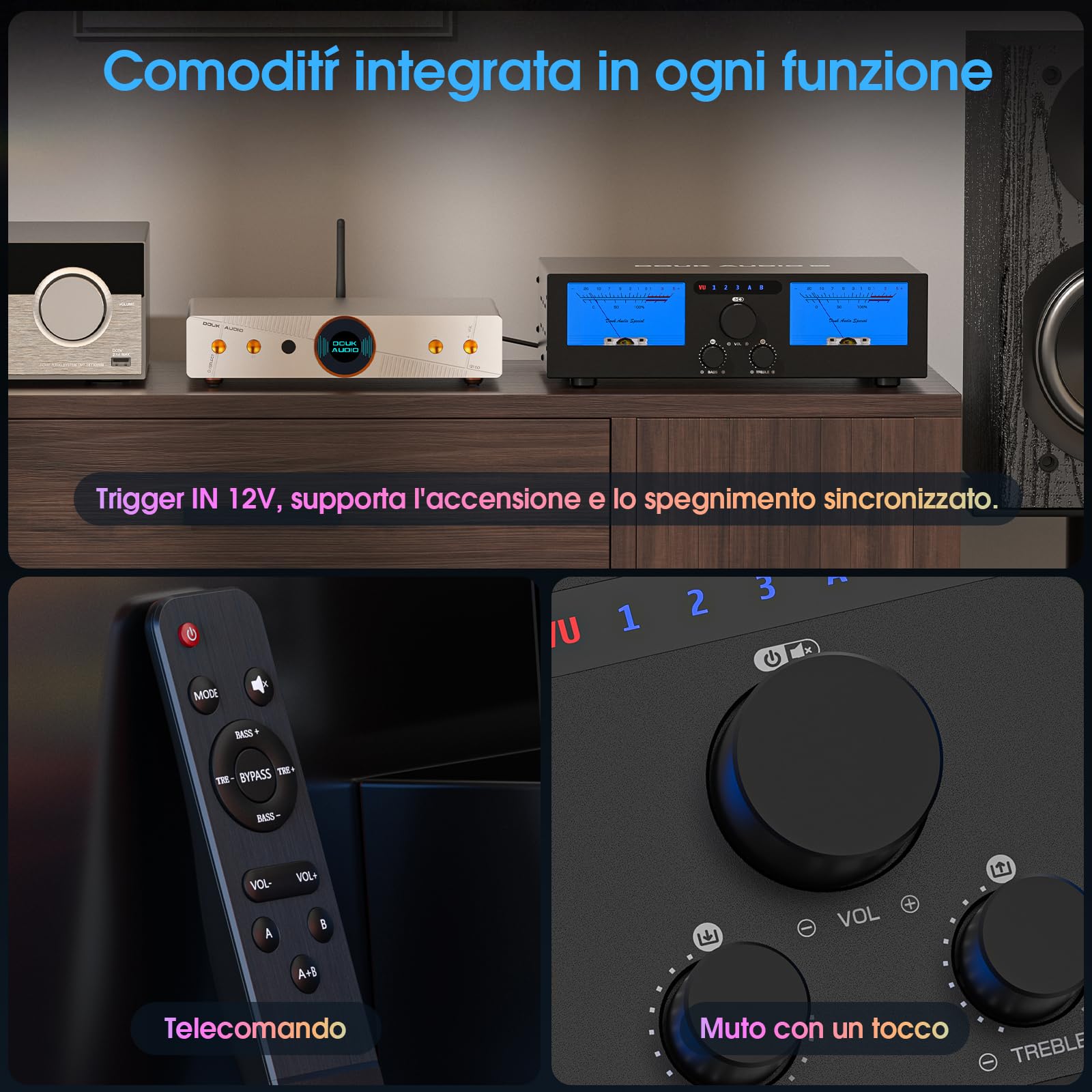 DoukAudio 600W Amplificatore a 2/4 canali: selettore altoparlanti 3-IN-2-OUT | Amplificatore digitale per DMP-A6 con doppio TPA3255 | Ingressi XLR RCA bilanciati | Bypass del tono | VU Meters |