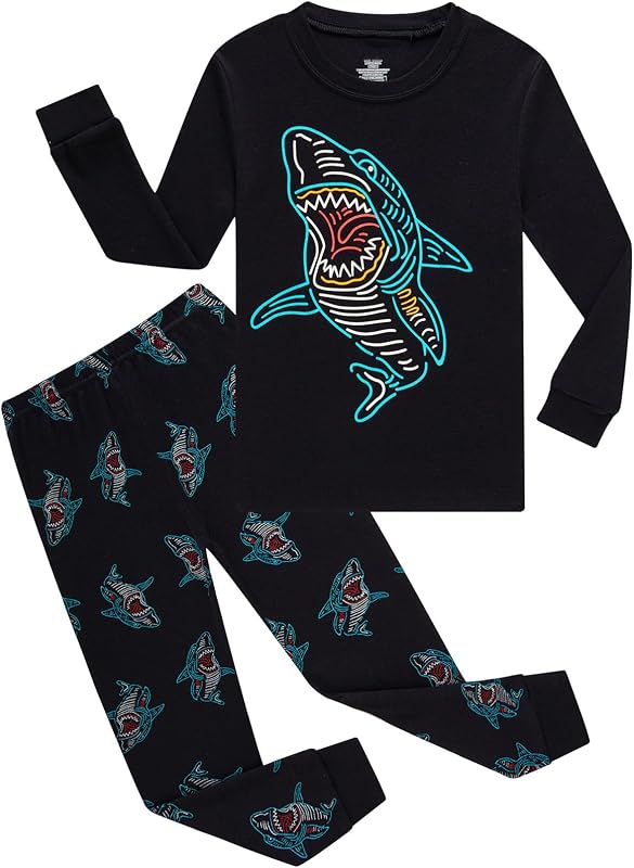 Little bety Boys Cotton Pajamas Long Sleeve Toddlers Sleepwear 18M-18years | Crew Neck，Assorted Cartoon Vehicle Dinosaur Space Shark Kids Sleepwear PJs