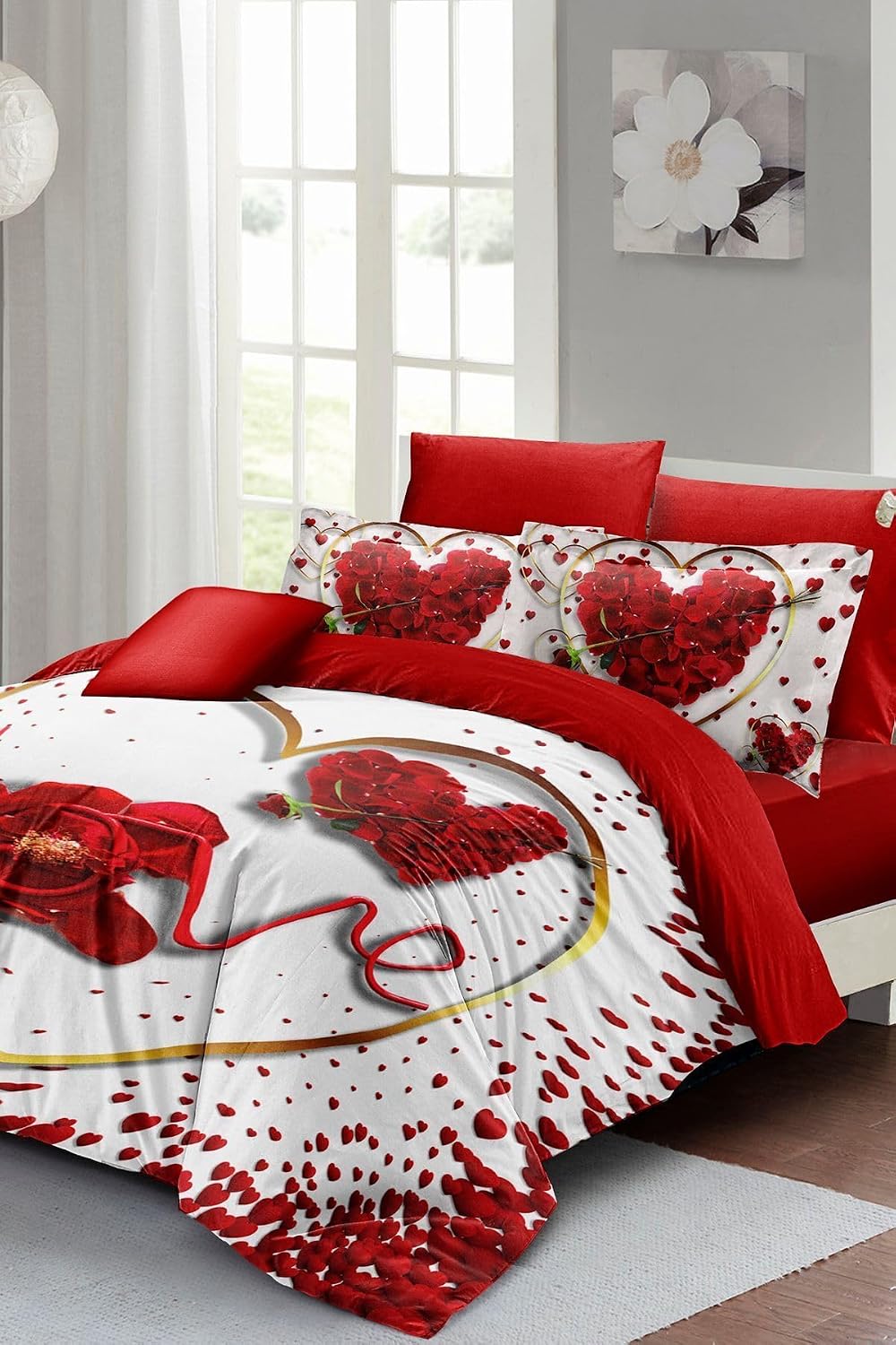 MONOHOME Sevgililer Günü Özel Çift Kişilik Nevresim Takımı Pamuk Saten Love Feather - Kırmızı, monohome67120