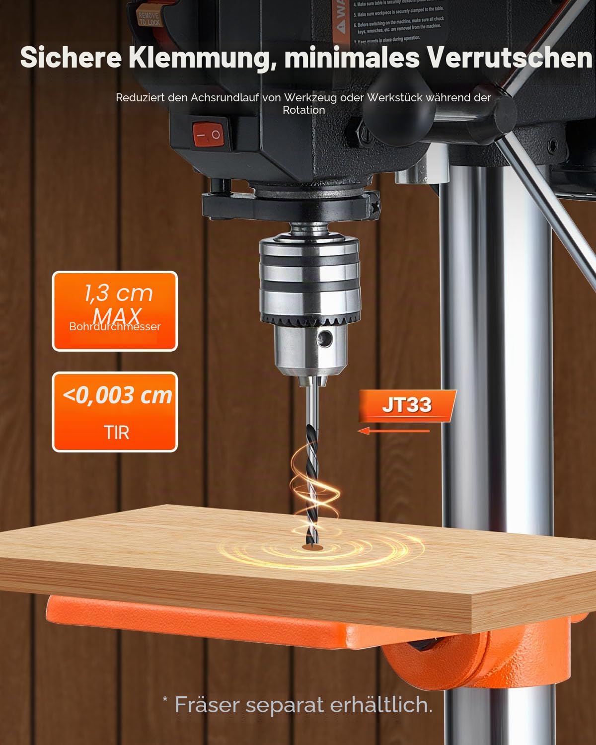 VEVOR 203mm Tischbohrmaschine, 500 W Induktionsmotor, Tischbohrmaschine mit 550/950/1450/1950/2500 U/min einstellbarer Geschwindigkeit, 0-45° neigbarer Arbeitstisch, LED-Arbeitsleuchte, für Holzmetall