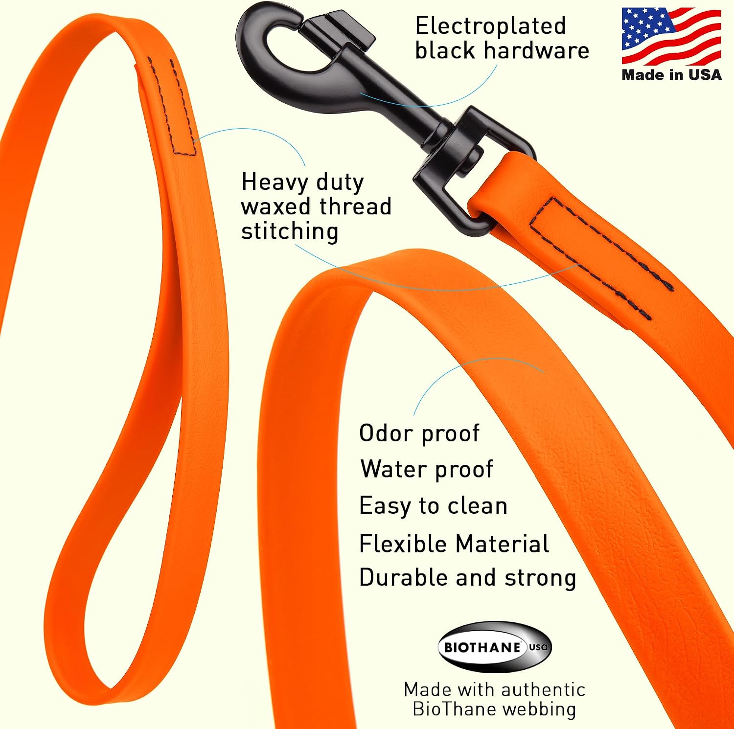 Dogline Biothane Waterproof Dog Leash Strong Coated Nylon Webbing with Black Hardware Odor-Proof Easy to Clean High Performance for Small or Large Dogs Made in USA 4 or 6 ft Lead, Hunter Orange