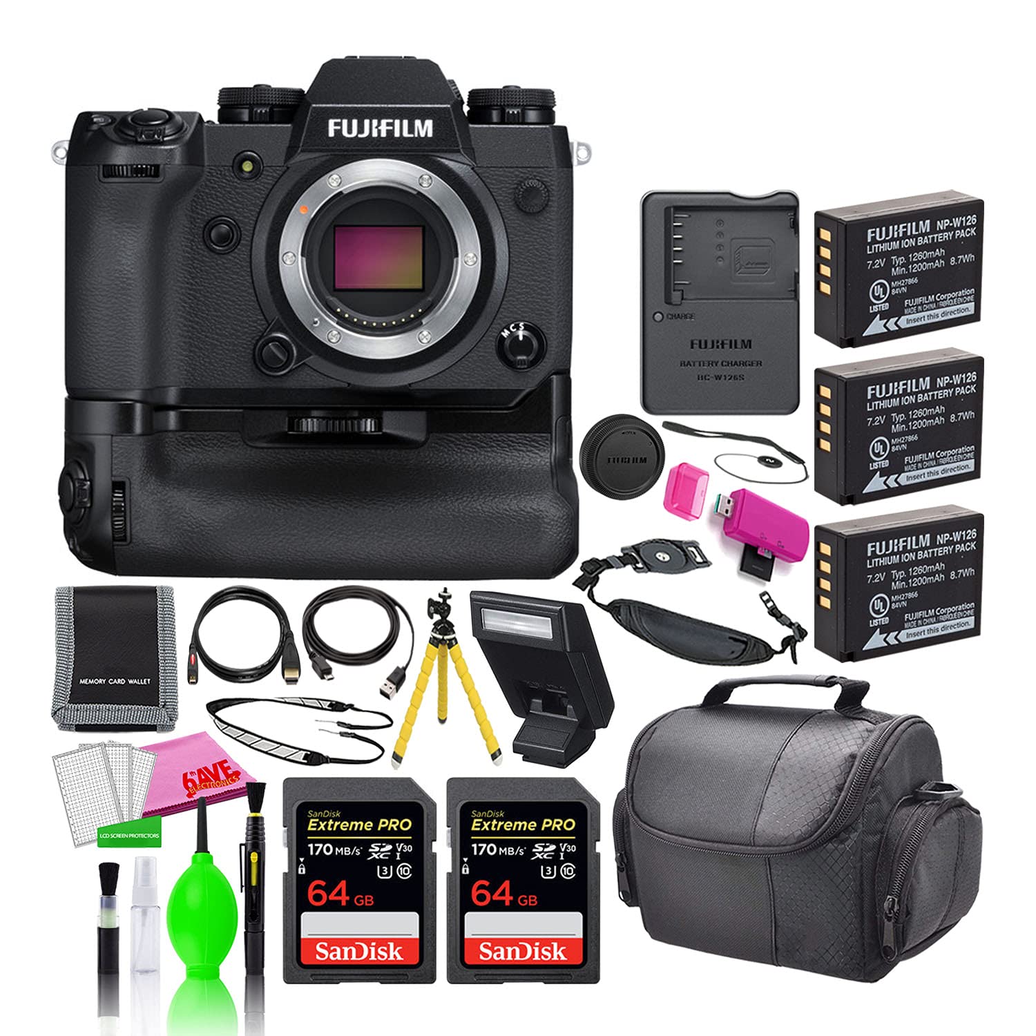 Fujifilm X-H1 Mirrorless Digital Camera with Battery Grip (16568755) USA Model Bundle with (2) SanDisk 64GB Extreme PRO SD Cards + (3) Fujifilm Batteries + Large Camera Bag + Cleaning Kit + More