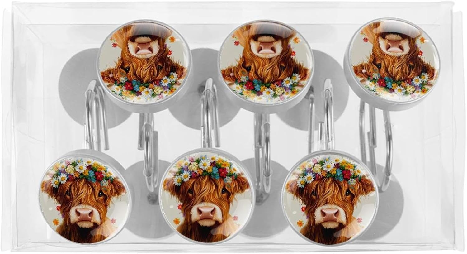 12PCS Highland Cow Daisy Shower Curtain Hooks, Rustproof Stainless Steel Shower Curtain Rings for Bathroom Bedroom Home Decor