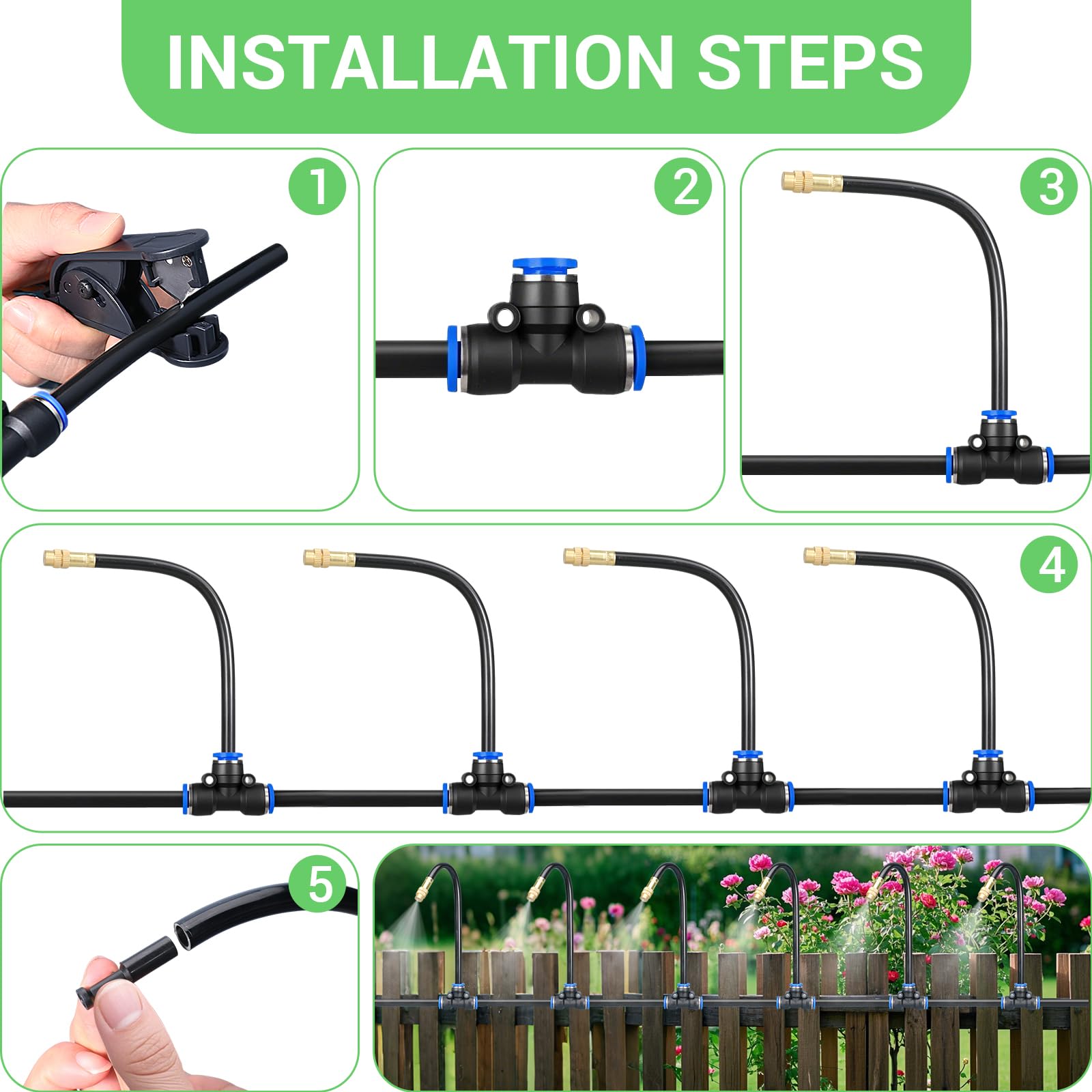 360° Flexibles Gartenbewässerungssystem mit verstellbaren Sprühdüsen – Selbstbau-Set für Rasenflächen, Terrassen & Outdoor-Nebelkühlung(15M)