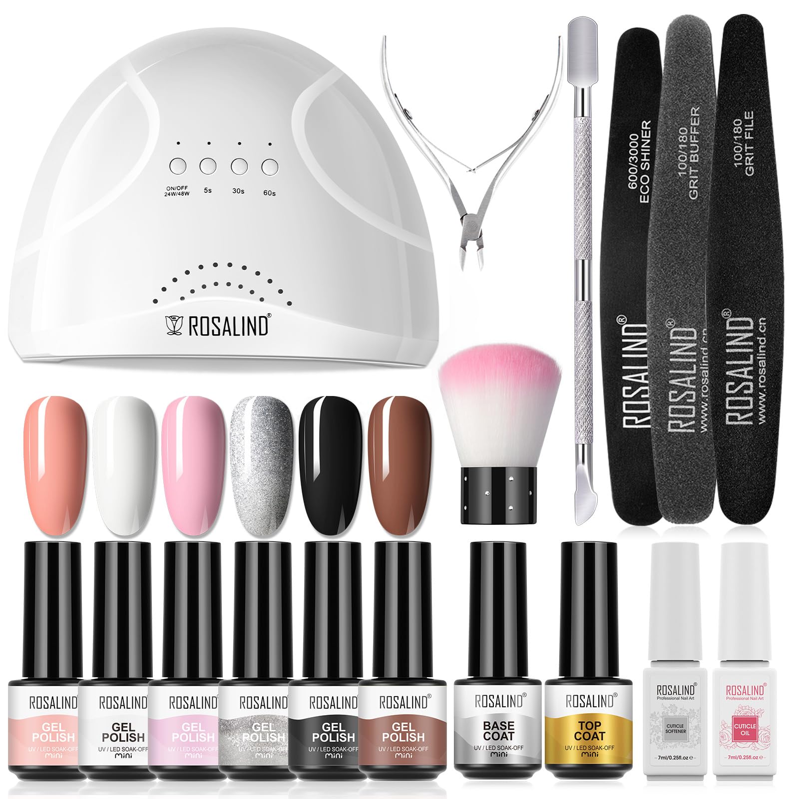 ROSALIND Kit uñas Semipermanentes con 48W UV/LED Lampara, 6 Colores Pintauñas Semipermanentes Blanco Negro Nude Rosa Marrón y Base Coat Top Coat Kit Manicura Completo Mini